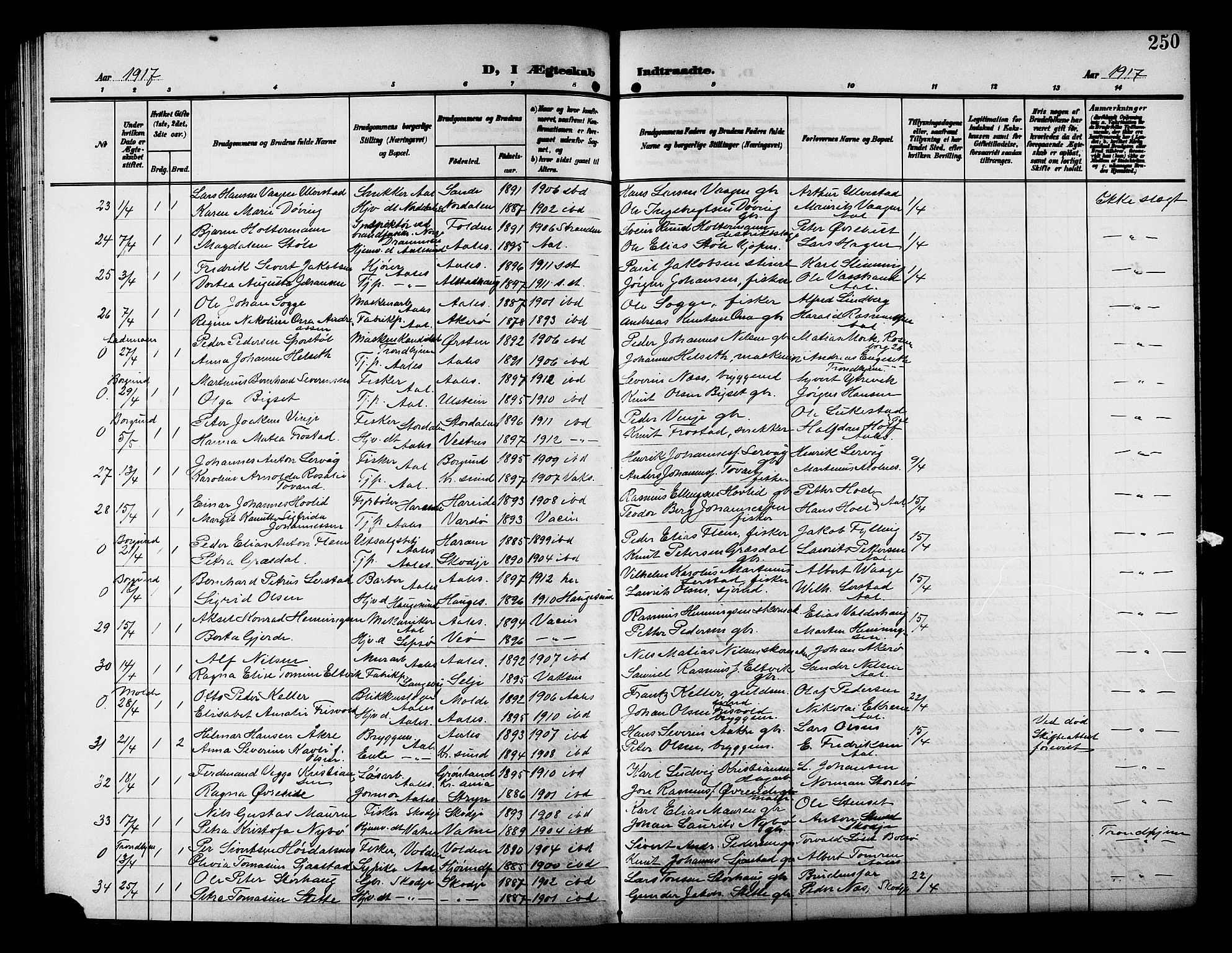 Ministerialprotokoller, klokkerbøker og fødselsregistre - Møre og Romsdal, AV/SAT-A-1454/529/L0470: Klokkerbok nr. 529C07, 1907-1917, s. 250