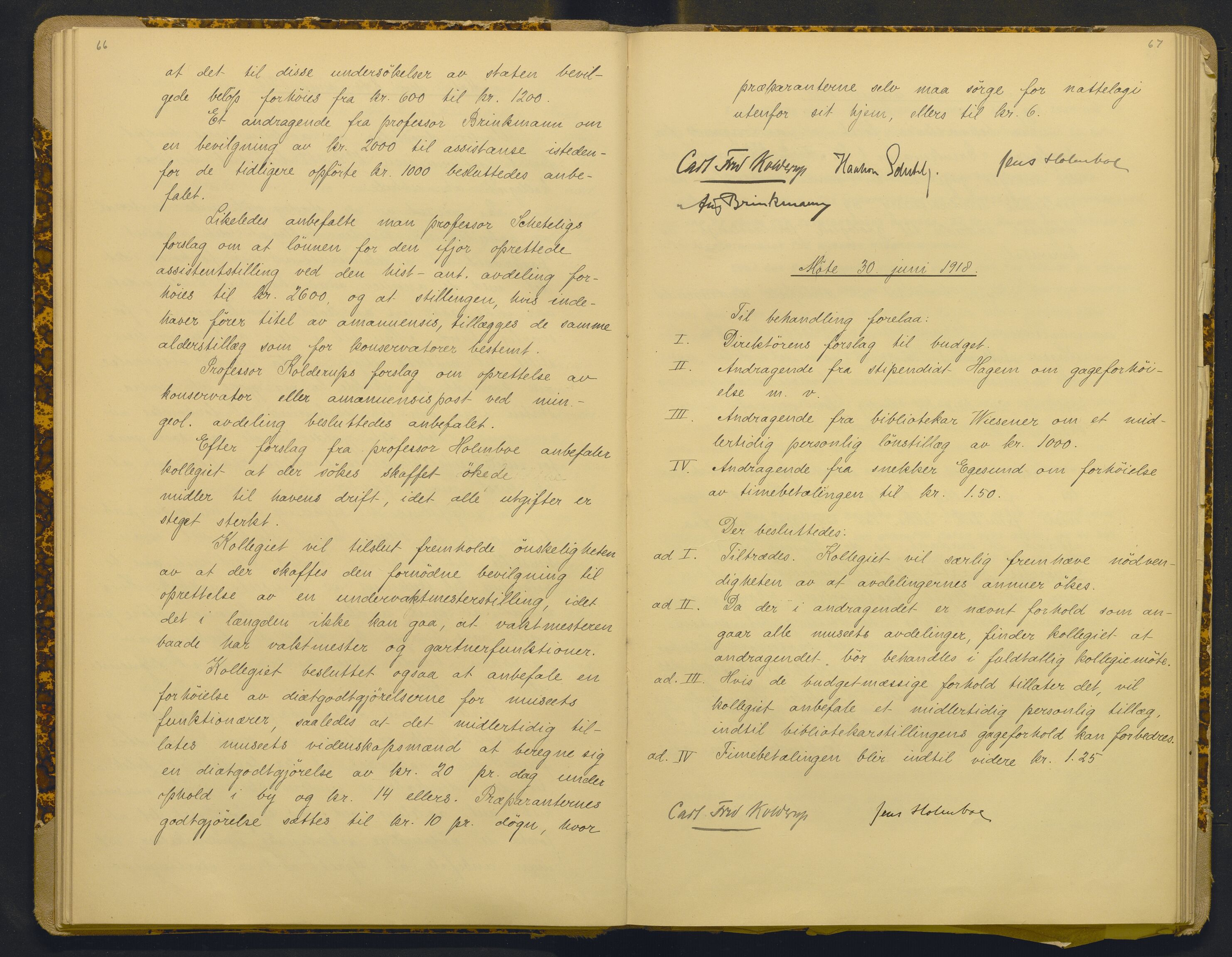 Bergens Museum, AV/SAB-A-17301/18/A/L0001: Bestyrerkollegiets forhandlingsprotokoll med register , 1907-1927, s. 66-67