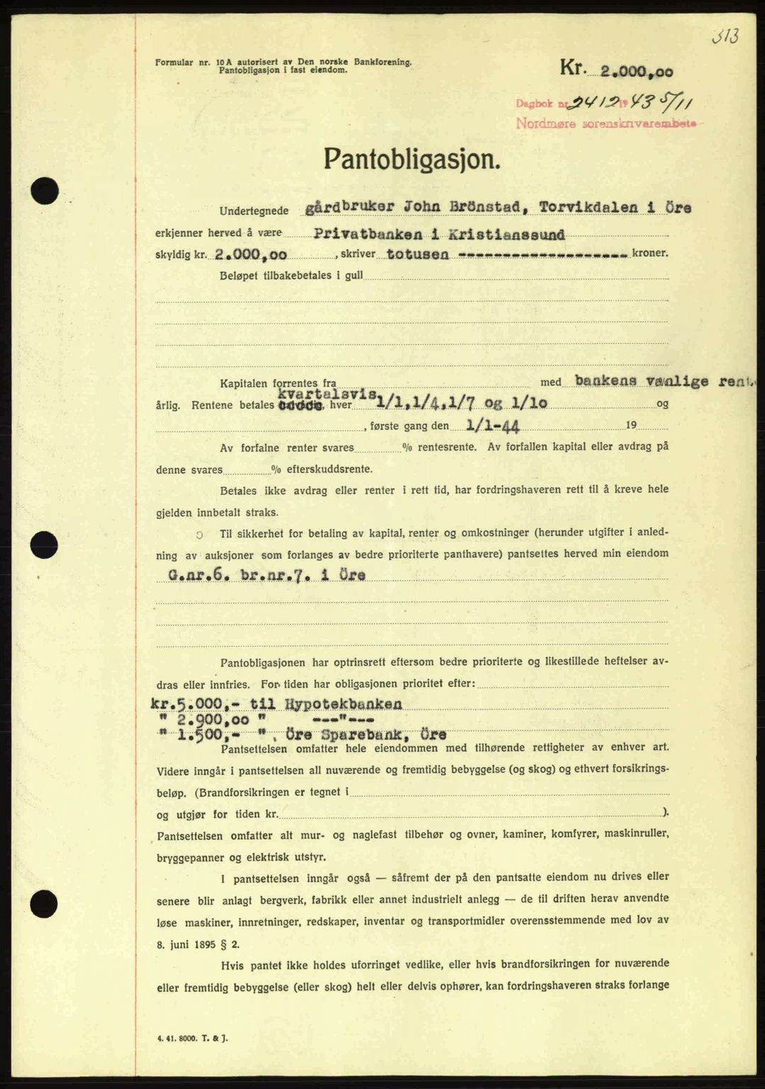 Nordmøre sorenskriveri, AV/SAT-A-4132/1/2/2Ca: Pantebok nr. B91, 1943-1944, Dagboknr: 2412/1943