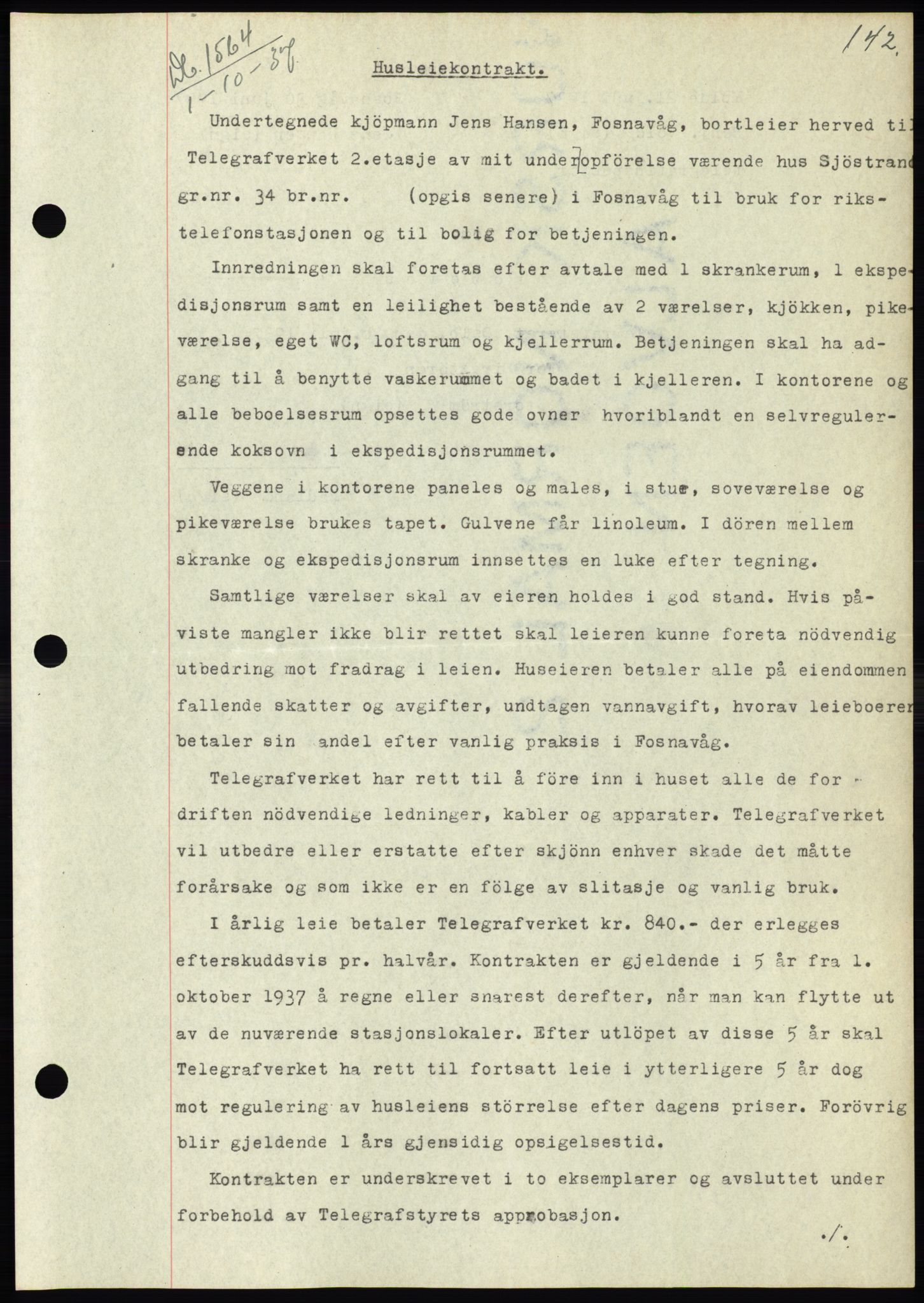 Søre Sunnmøre sorenskriveri, SAT/A-4122/1/2/2C/L0064: Pantebok nr. 58, 1937-1938, Dagboknr: 1564/1937