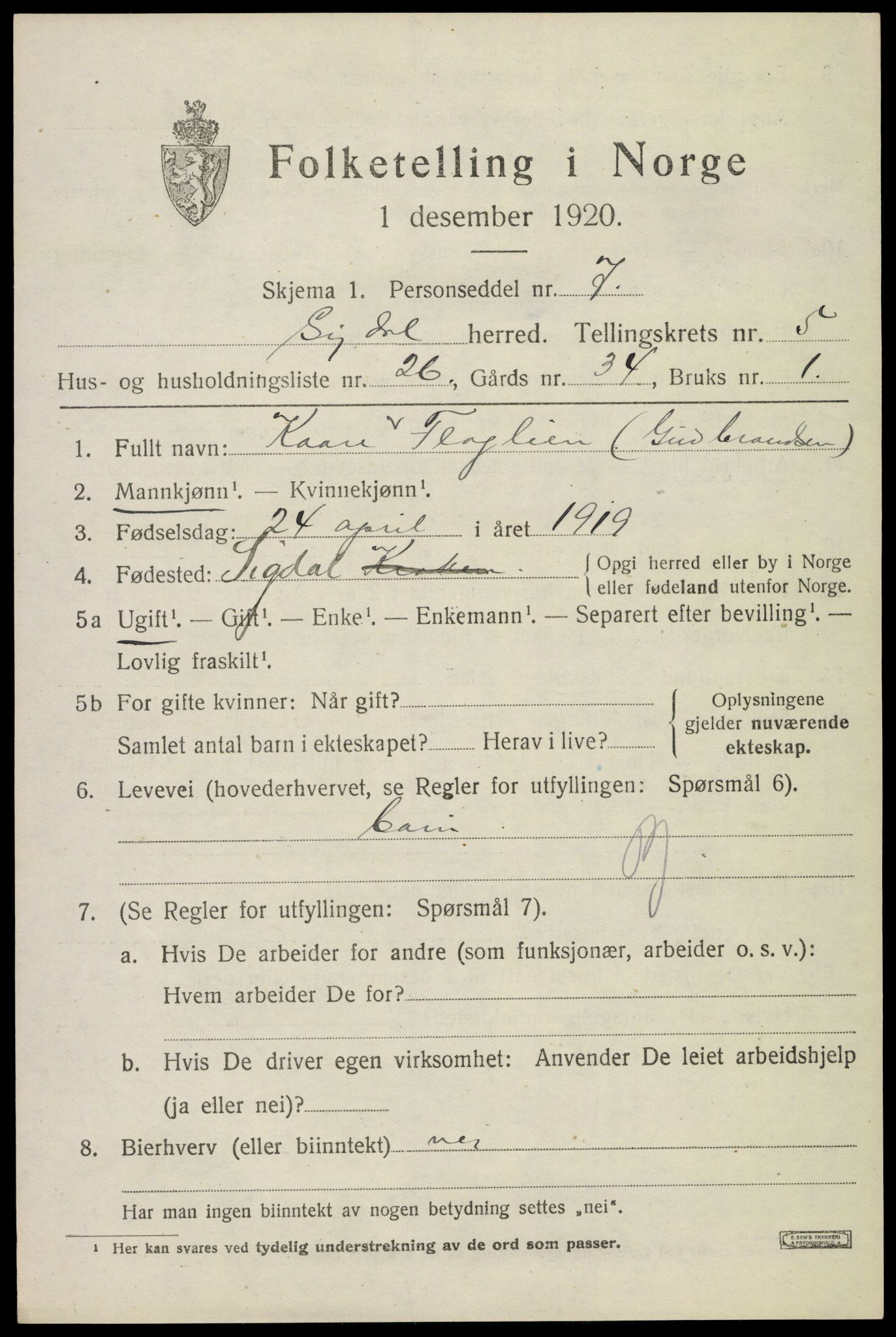 SAKO, Folketelling 1920 for 0621 Sigdal herred, 1920, s. 4118