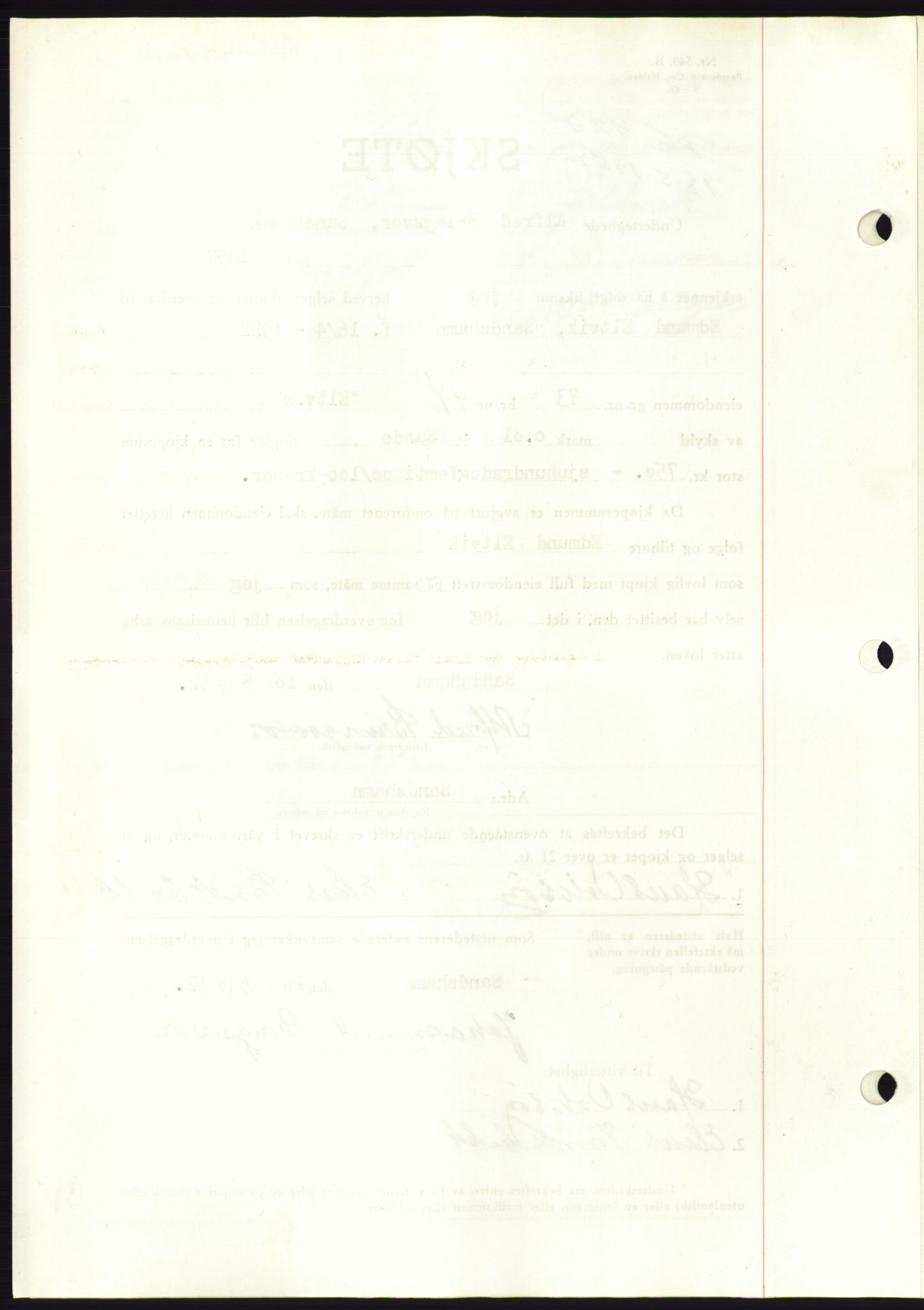 Søre Sunnmøre sorenskriveri, AV/SAT-A-4122/1/2/2C/L0092: Pantebok nr. 18A, 1952-1952, Dagboknr: 922/1952
