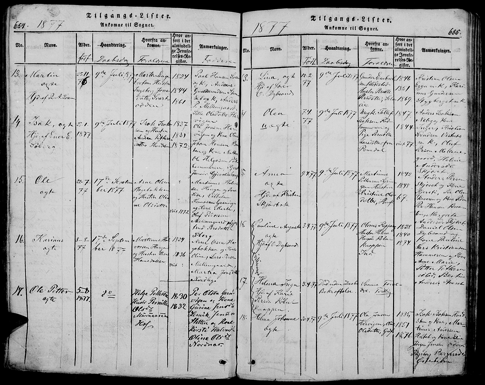 Trysil prestekontor, AV/SAH-PREST-046/H/Ha/Hab/L0005: Klokkerbok nr. 5, 1814-1877, s. 654-655