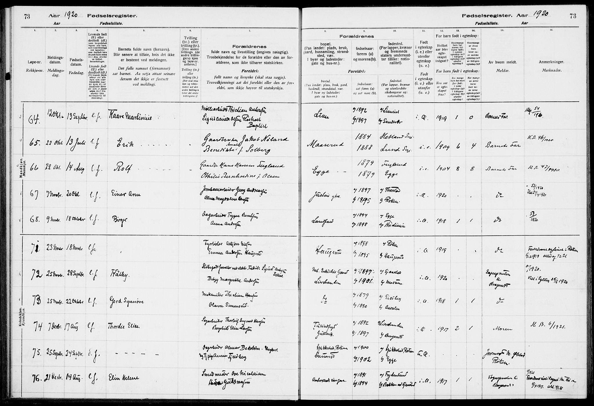 Lier kirkebøker, AV/SAKO-A-230/J/Ja/L0001: Fødselsregister nr. 1, 1916-1928, s. 73