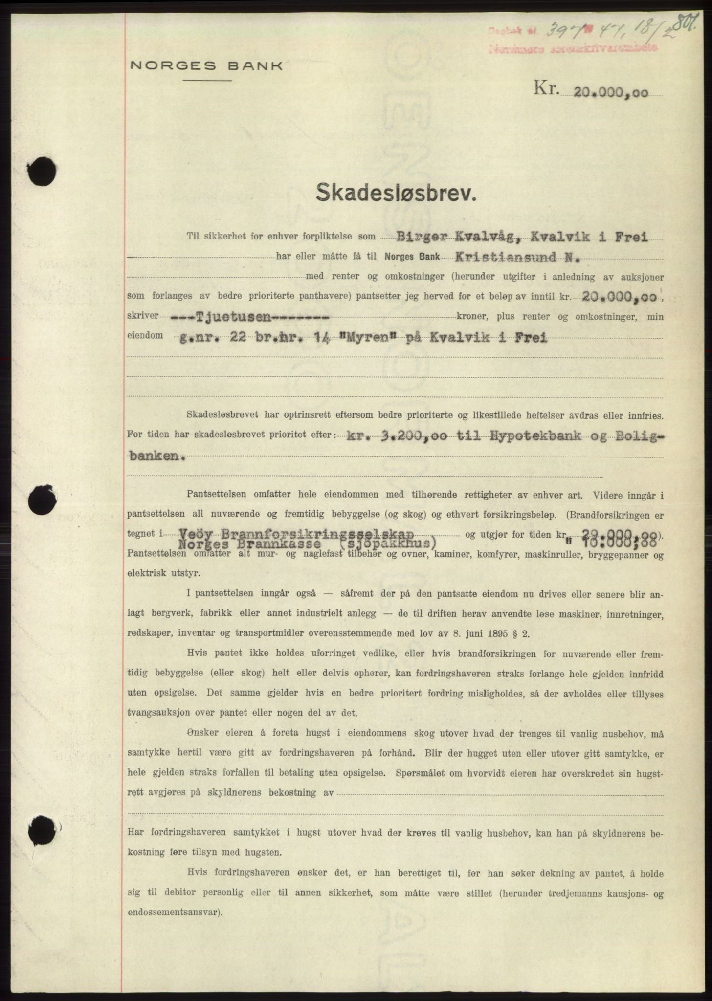 Nordmøre sorenskriveri, SAT/A-4132/1/2/2Ca: Pantebok nr. B95, 1946-1947, Dagboknr: 397/1947