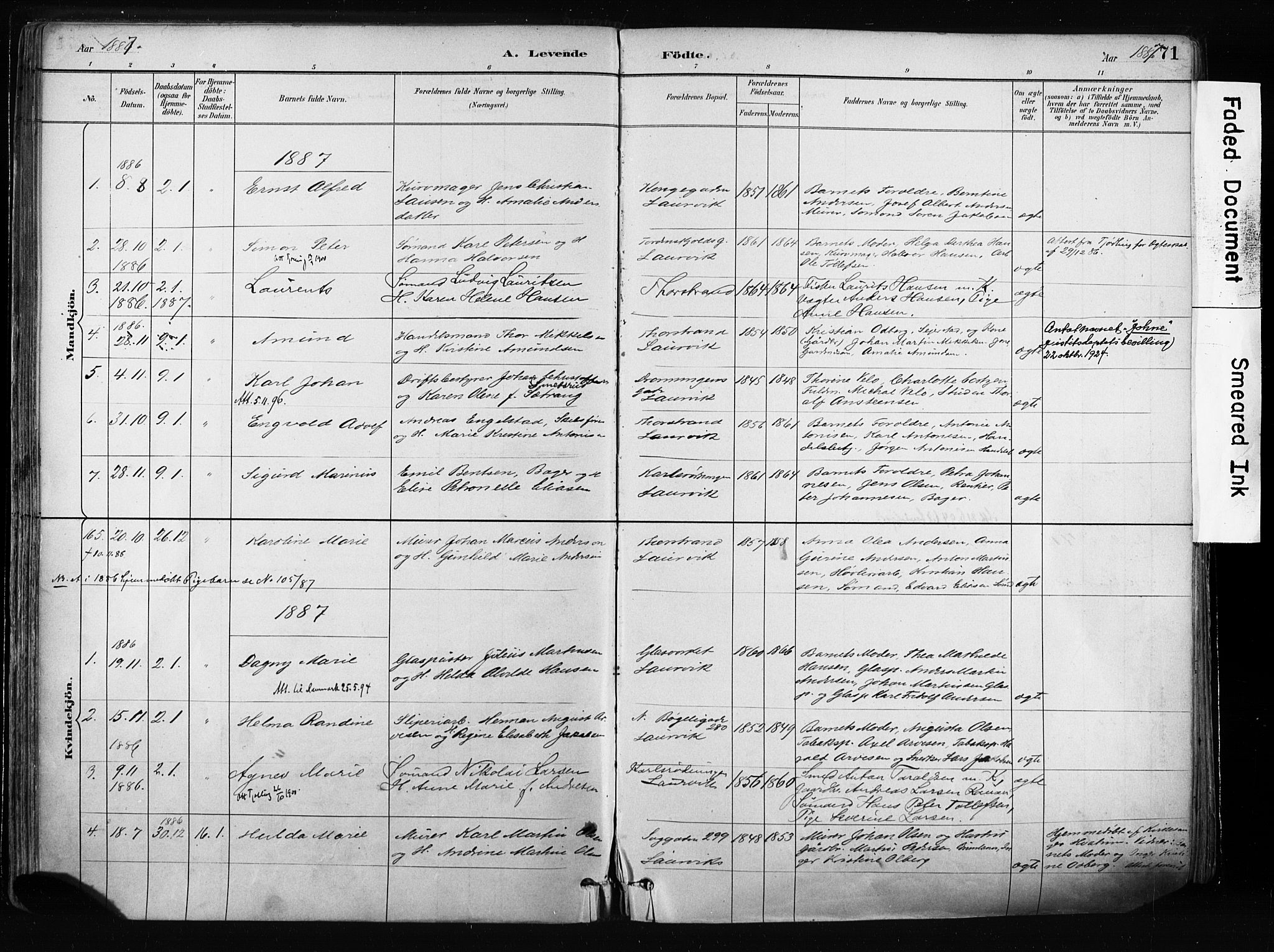 Larvik kirkebøker, AV/SAKO-A-352/F/Fa/L0009: Ministerialbok nr. I 9, 1884-1904, s. 71