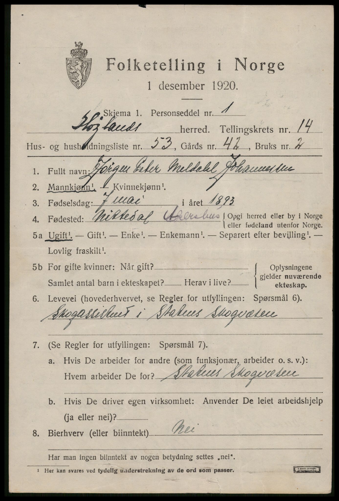 SAST, Folketelling 1920 for 1123 Høyland herred, 1920, s. 13664