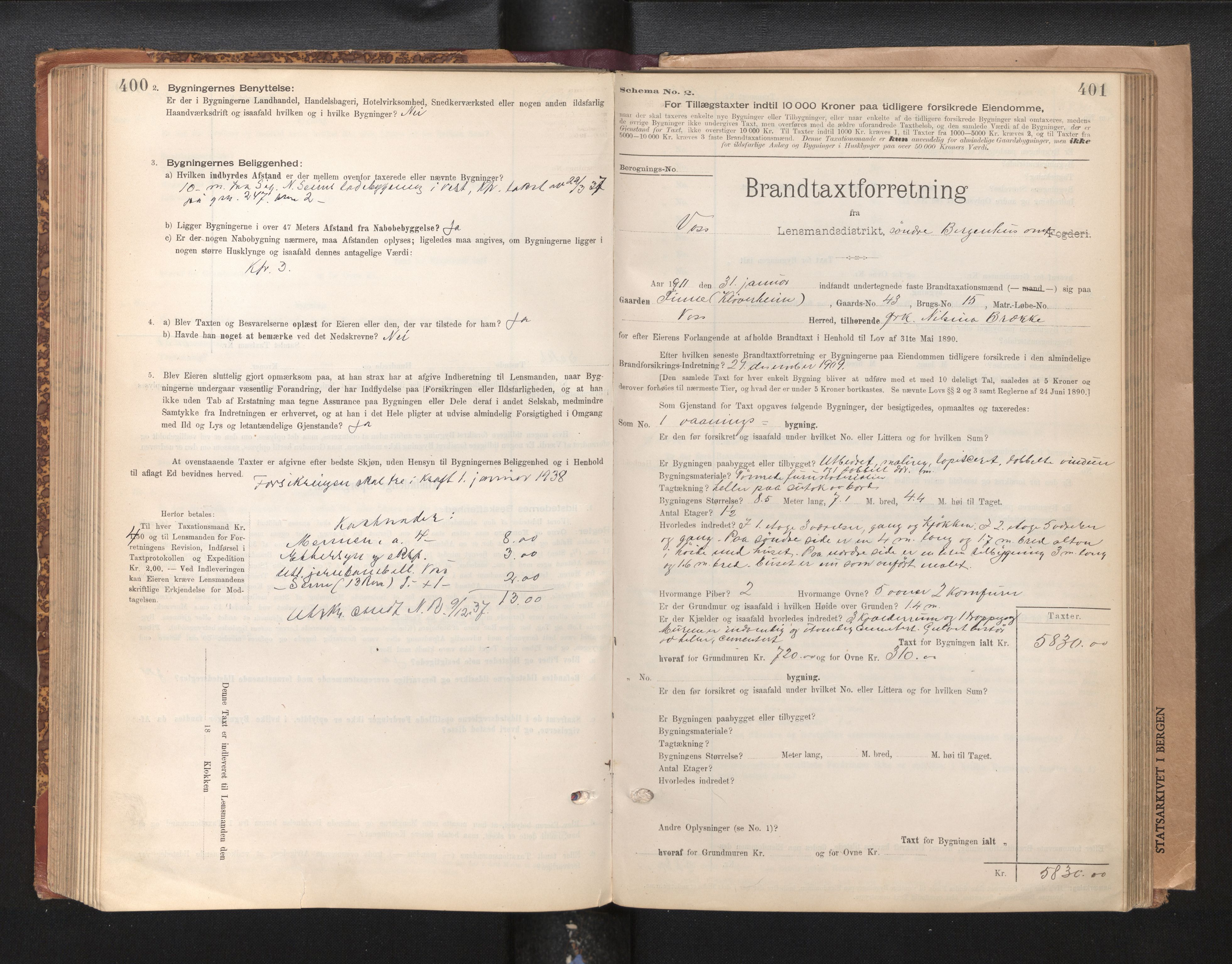 Lensmannen i Voss, AV/SAB-A-35801/0012/L0008: Branntakstprotokoll, skjematakst, 1895-1945, s. 400-401