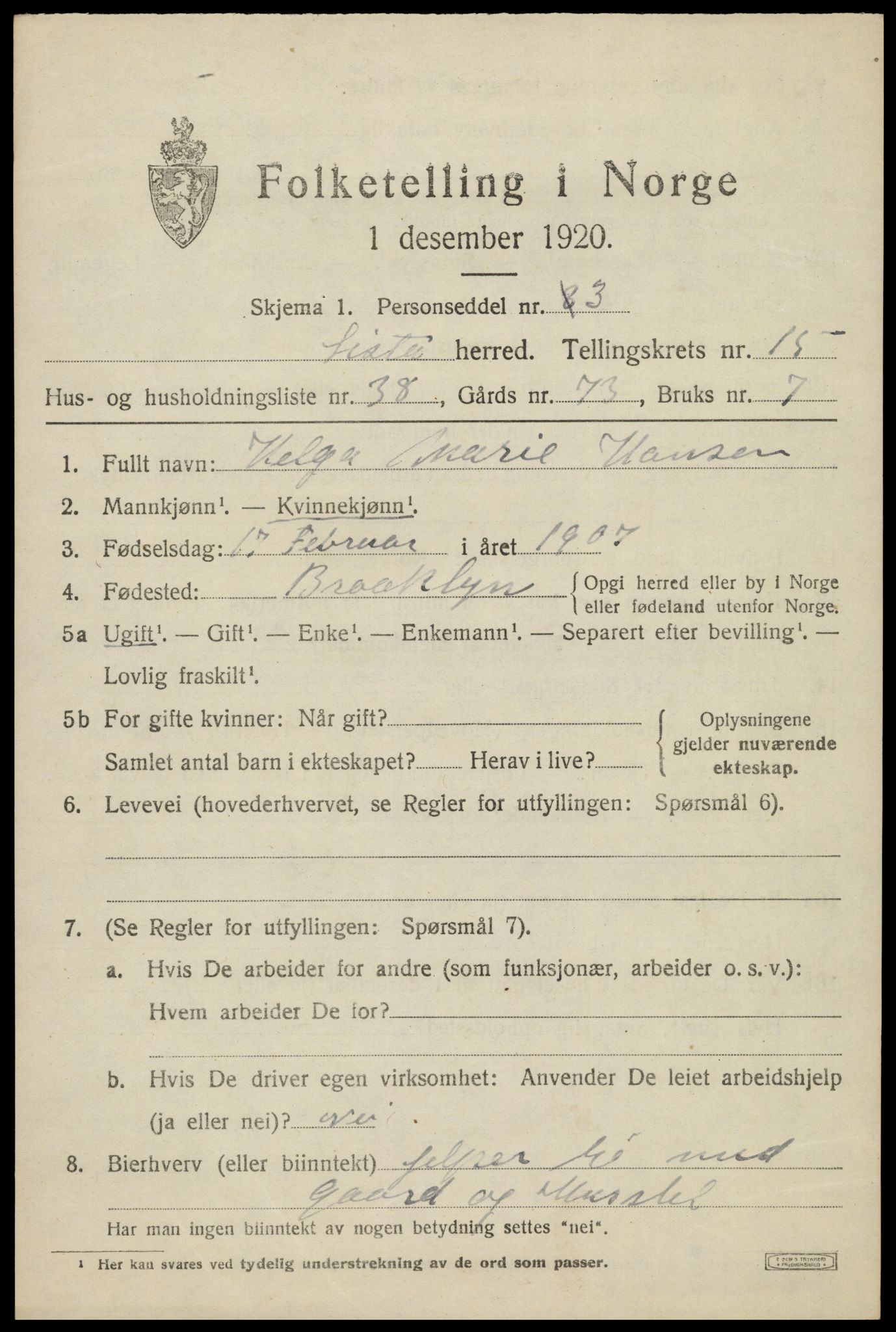 SAK, Folketelling 1920 for 1041 Lista herred, 1920, s. 12915
