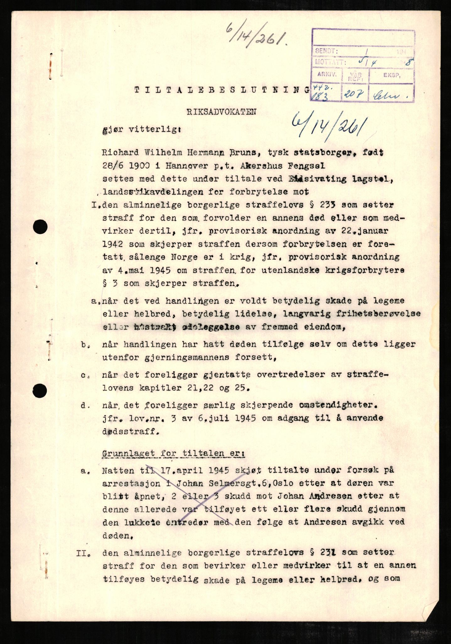 Forsvaret, Forsvarets overkommando II, RA/RAFA-3915/D/Db/L0004: CI Questionaires. Tyske okkupasjonsstyrker i Norge. Tyskere., 1945-1946, s. 357