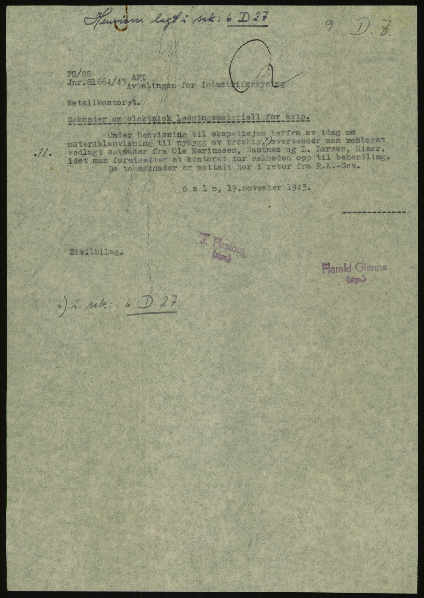 Direktoratet for industriforsyning, Sekretariatet, AV/RA-S-4153/D/Df/L0054: 9. Metallkontoret, 1940-1945, s. 1525