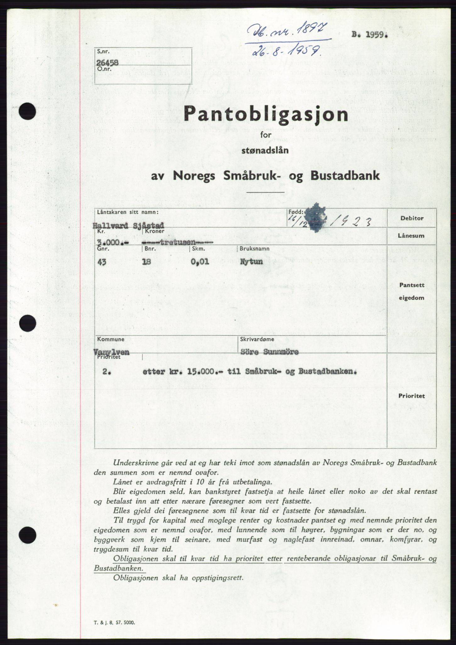 Søre Sunnmøre sorenskriveri, SAT/A-4122/1/2/2C/L0133: Pantebok nr. 21B, 1959-1959, Dagboknr: 1897/1959