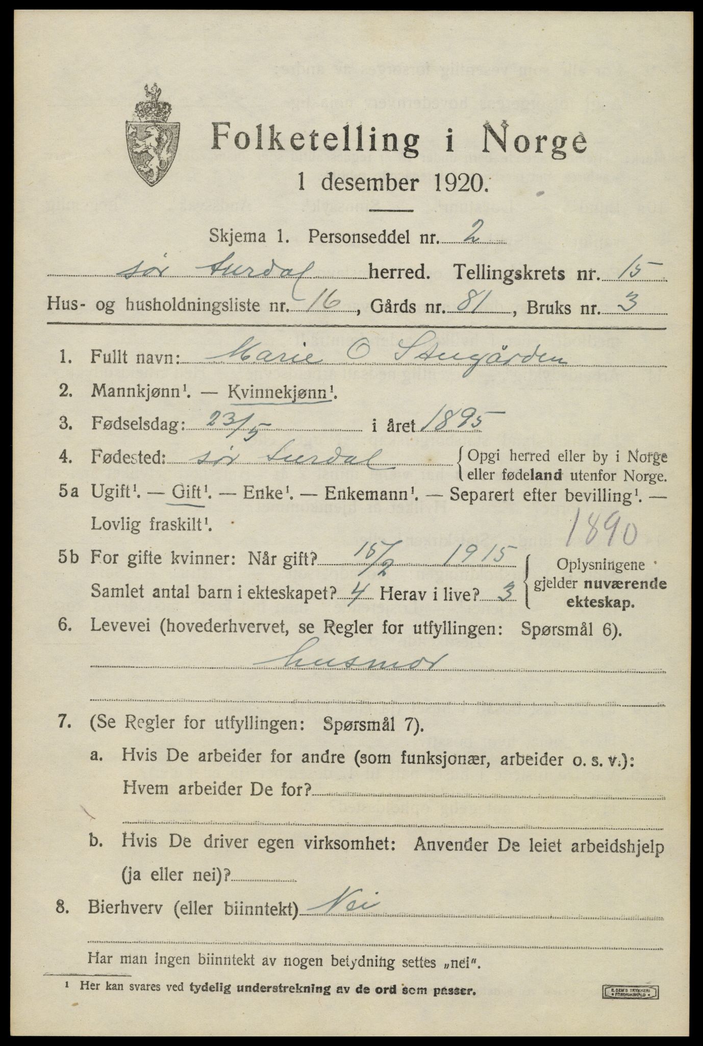 SAH, Folketelling 1920 for 0540 Sør-Aurdal herred, 1920, s. 8387