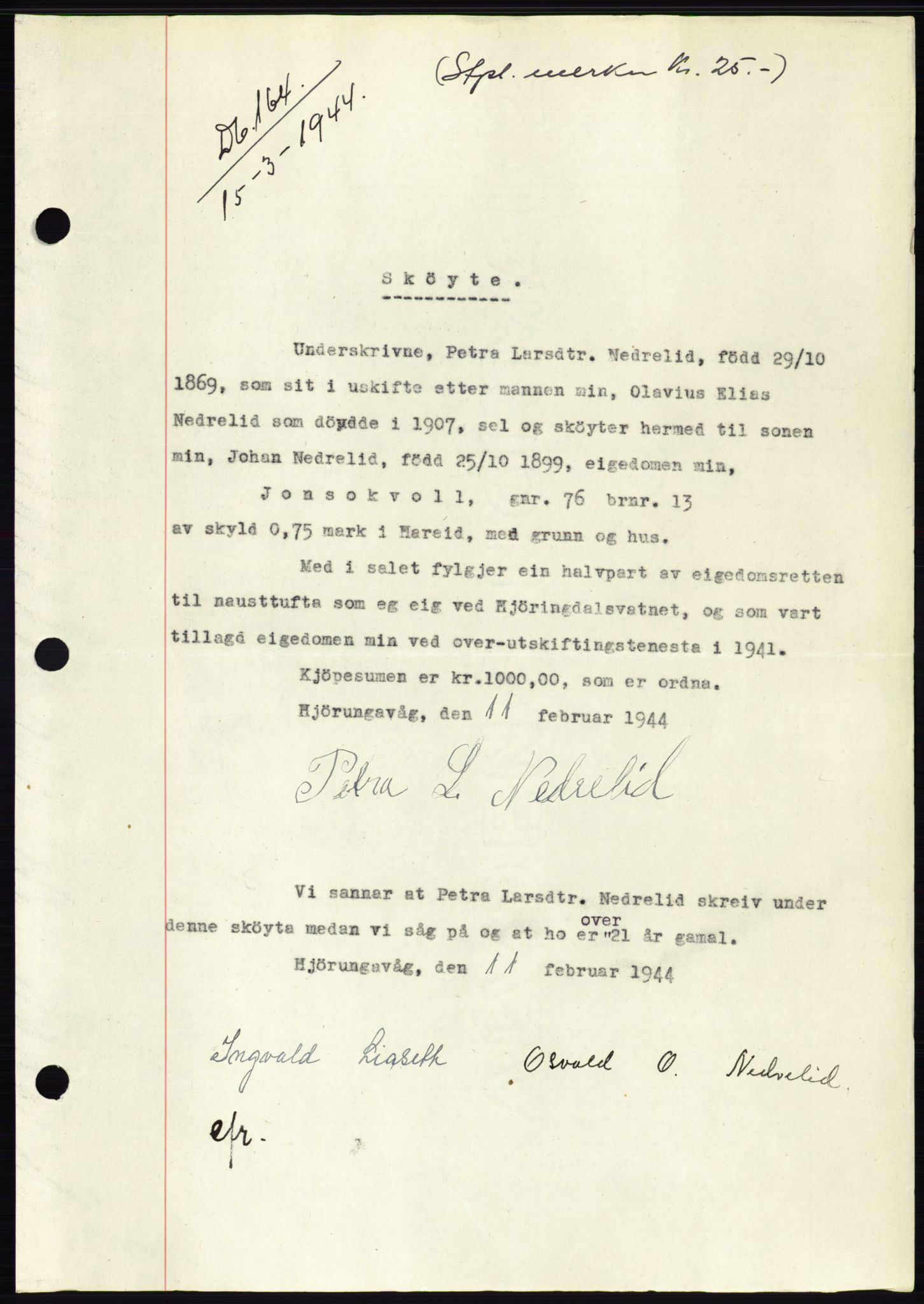 Søre Sunnmøre sorenskriveri, AV/SAT-A-4122/1/2/2C/L0076: Pantebok nr. 2A, 1943-1944, Dagboknr: 164/1944