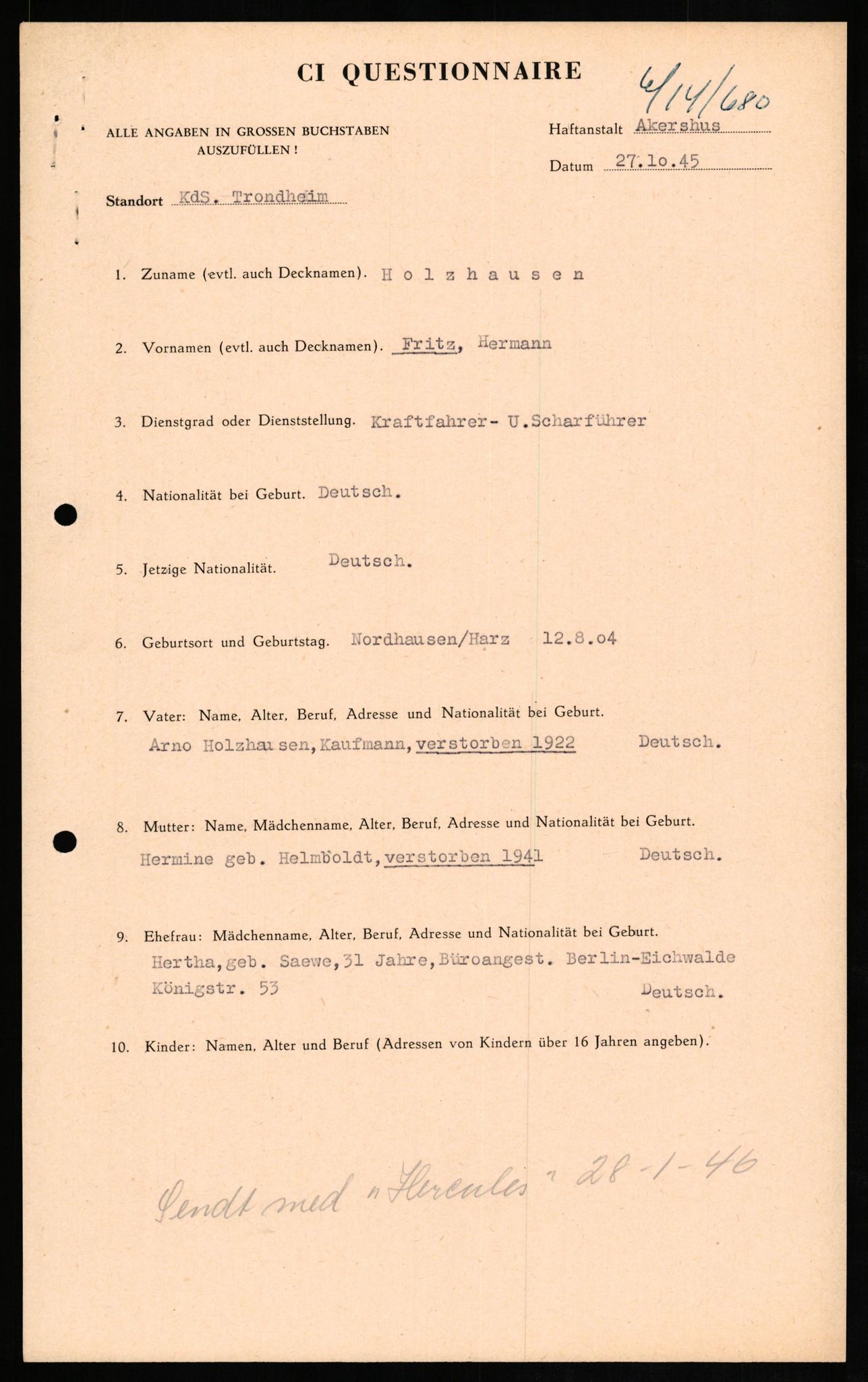 Forsvaret, Forsvarets overkommando II, AV/RA-RAFA-3915/D/Db/L0013: CI Questionaires. Tyske okkupasjonsstyrker i Norge. Tyskere., 1945-1946, s. 444