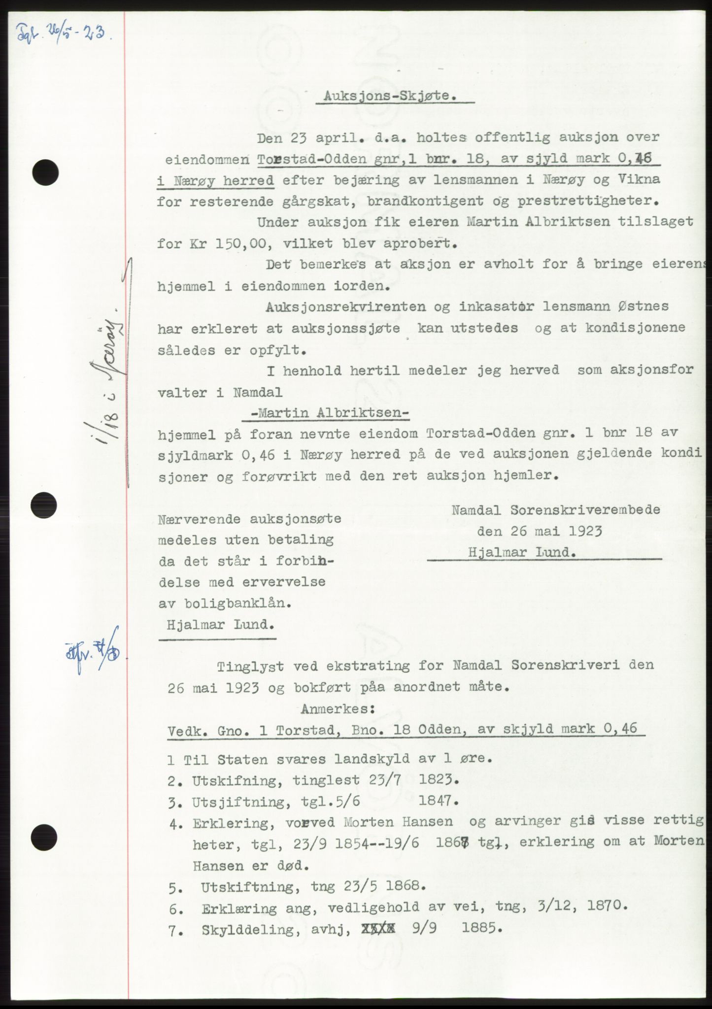 Namdal sorenskriveri, SAT/A-4133/1/2/2C: Pantebok nr. -, 1922-1925, Tingl.dato: 26.05.1923