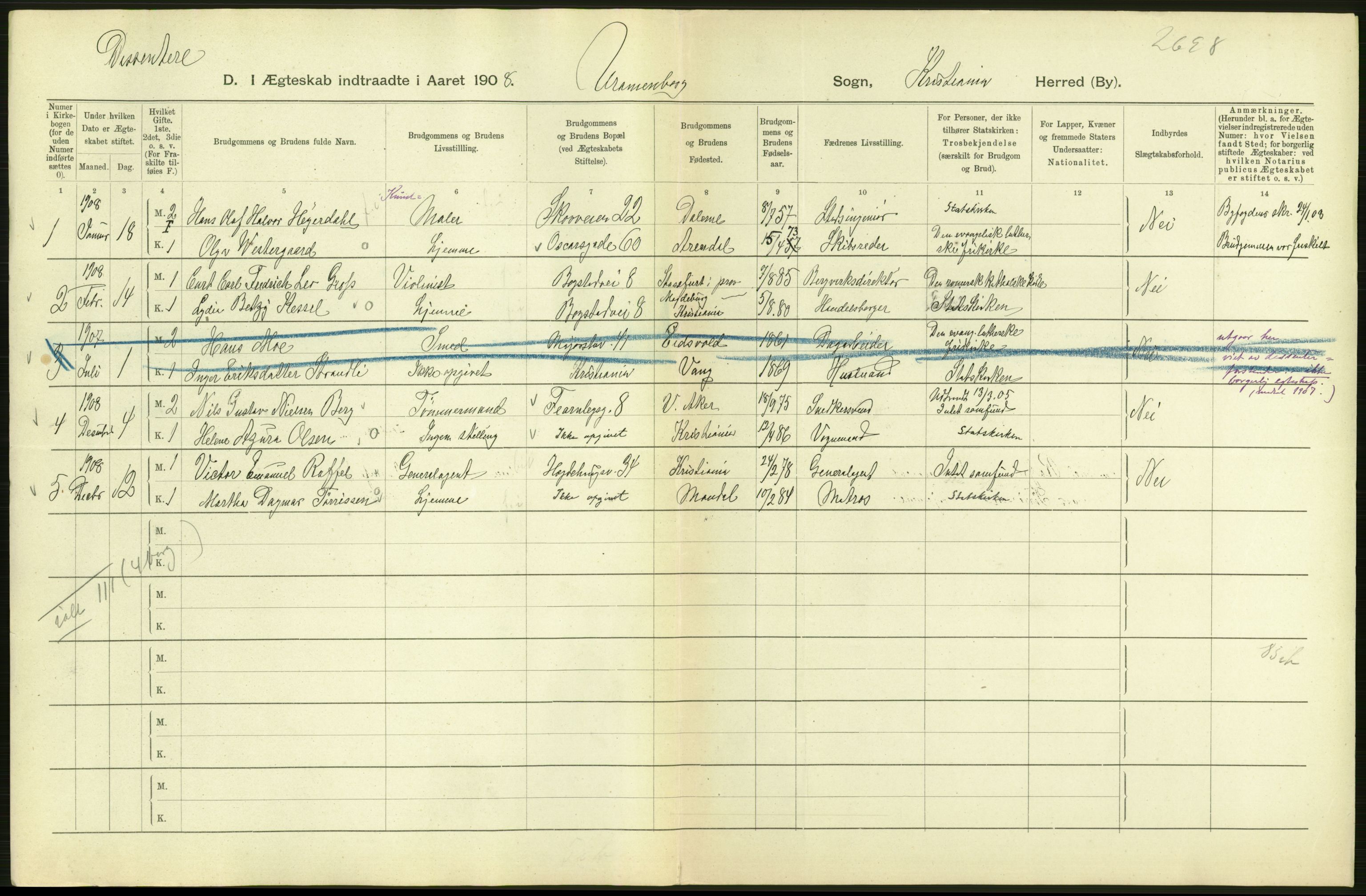 Statistisk sentralbyrå, Sosiodemografiske emner, Befolkning, AV/RA-S-2228/D/Df/Dfa/Dfaf/L0007: Kristiania: Gifte, 1908, s. 490