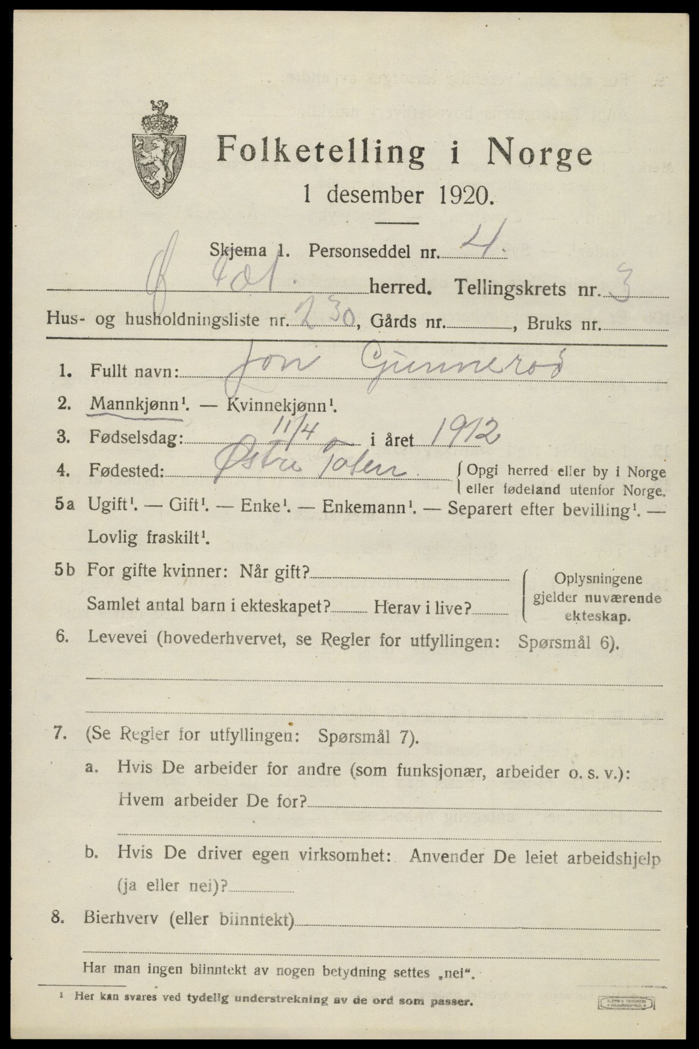 SAH, Folketelling 1920 for 0528 Østre Toten herred, 1920, s. 8562