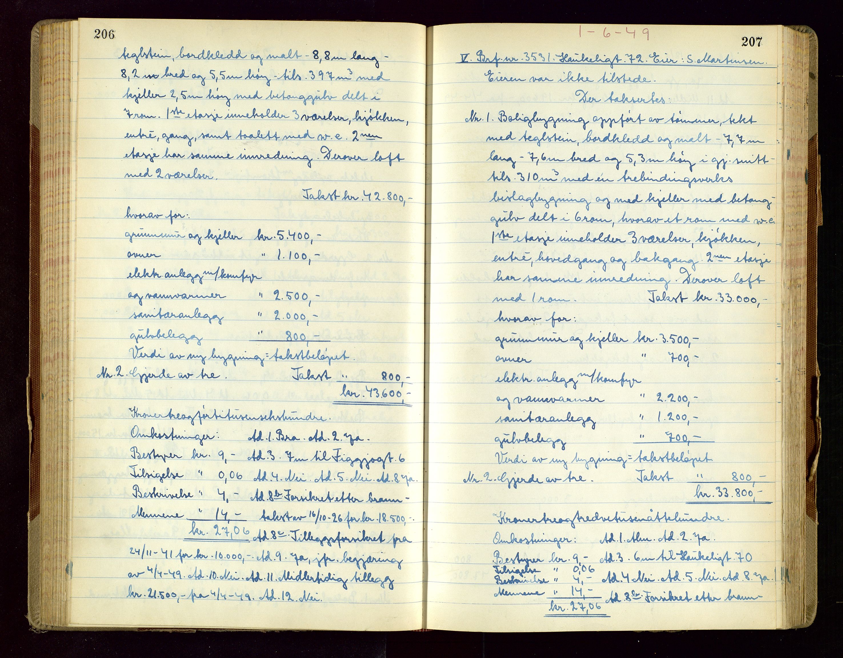 Norges Brannkasse Stavanger, AV/SAST-A-102143/F/Fd/L0036: Branntaksprotokoll nr. 47, 1949, s. 206-207