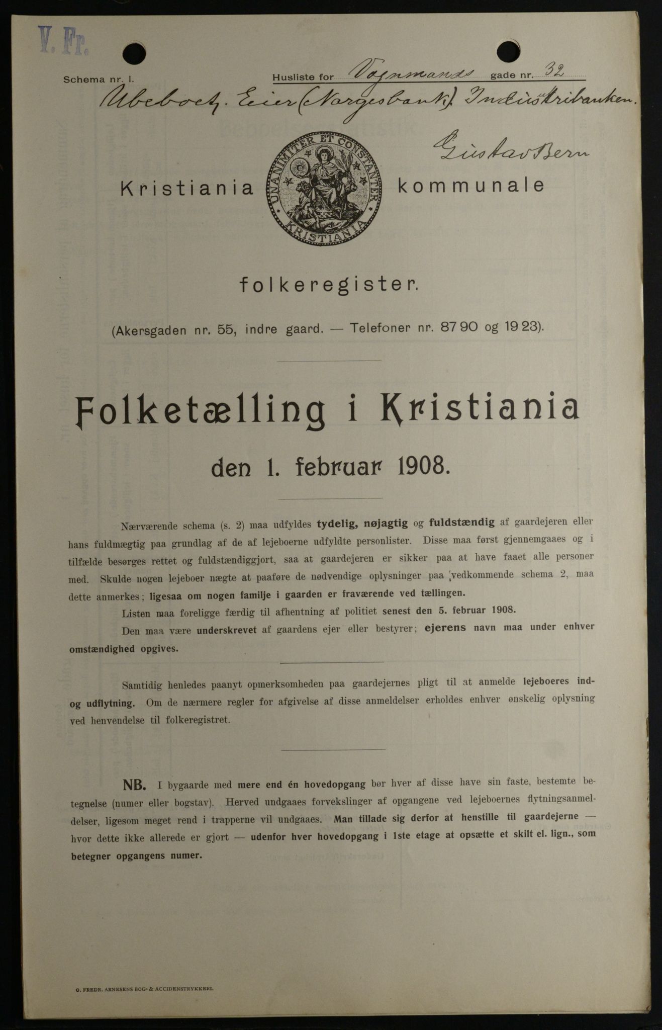 OBA, Kommunal folketelling 1.2.1908 for Kristiania kjøpstad, 1908, s. 111526