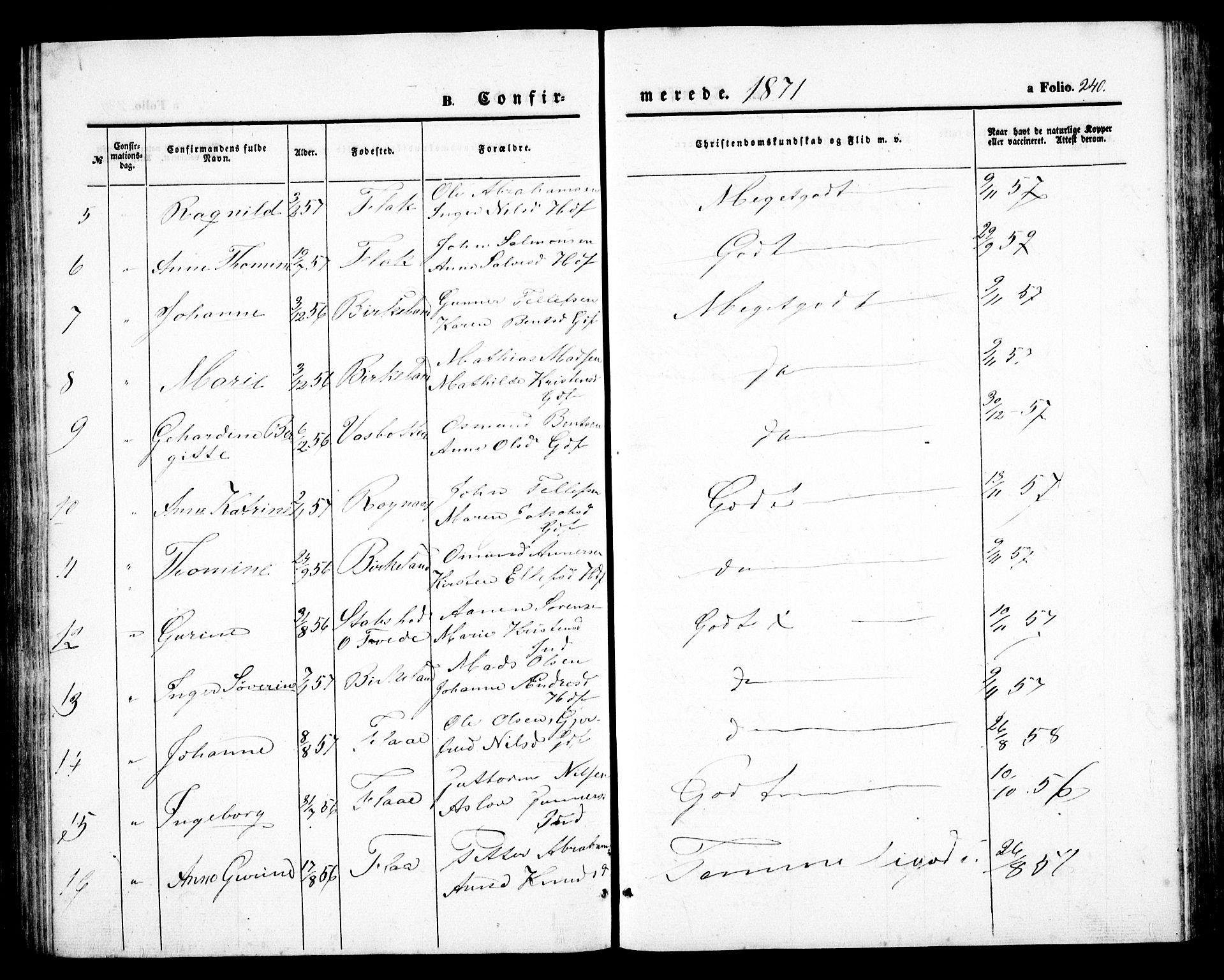 Birkenes sokneprestkontor, SAK/1111-0004/F/Fb/L0002: Klokkerbok nr. B 2, 1849-1876, s. 240