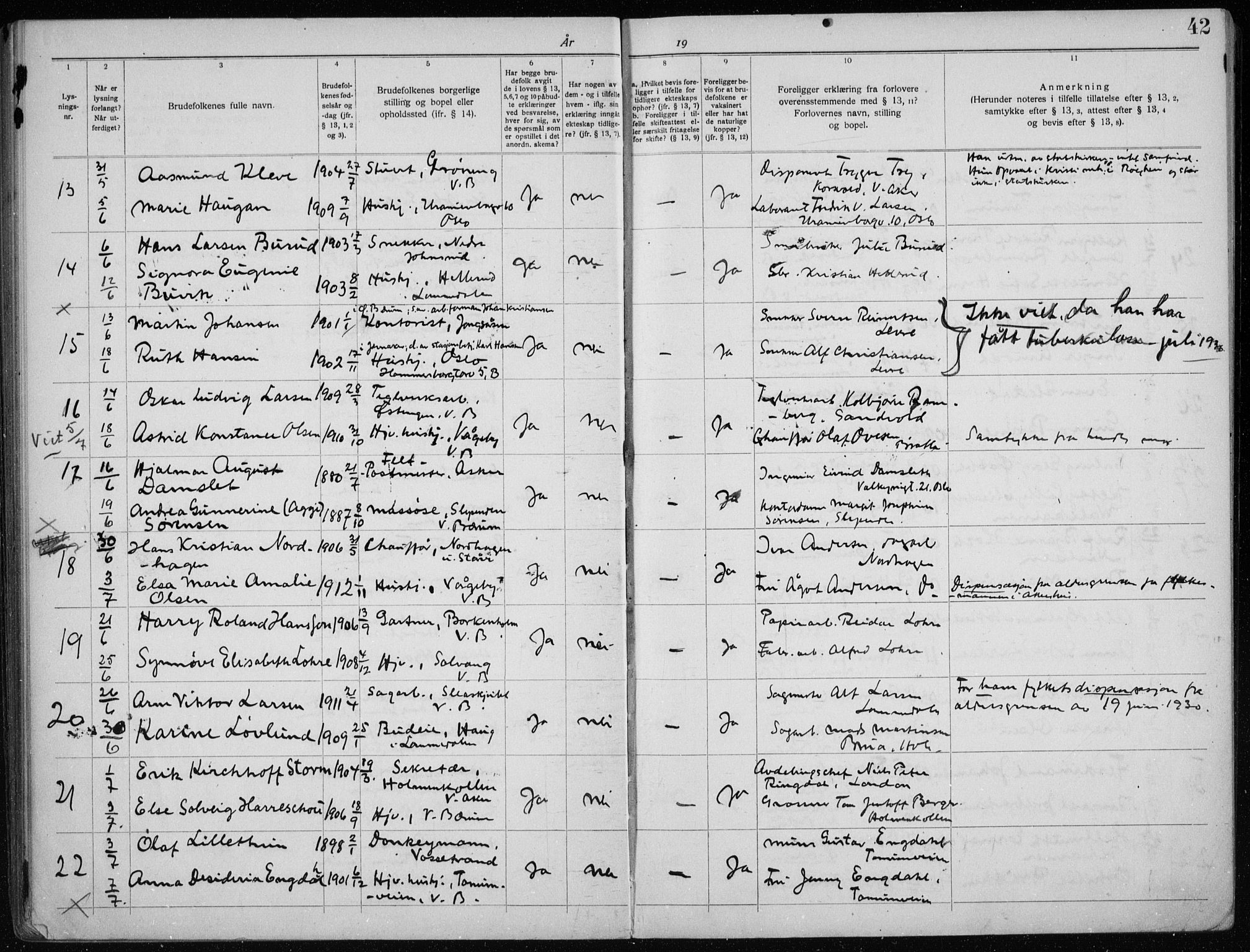 Vestre Bærum prestekontor Kirkebøker, AV/SAO-A-10209a/H/L0001: Lysningsprotokoll nr. 1, 1919-1941, s. 42