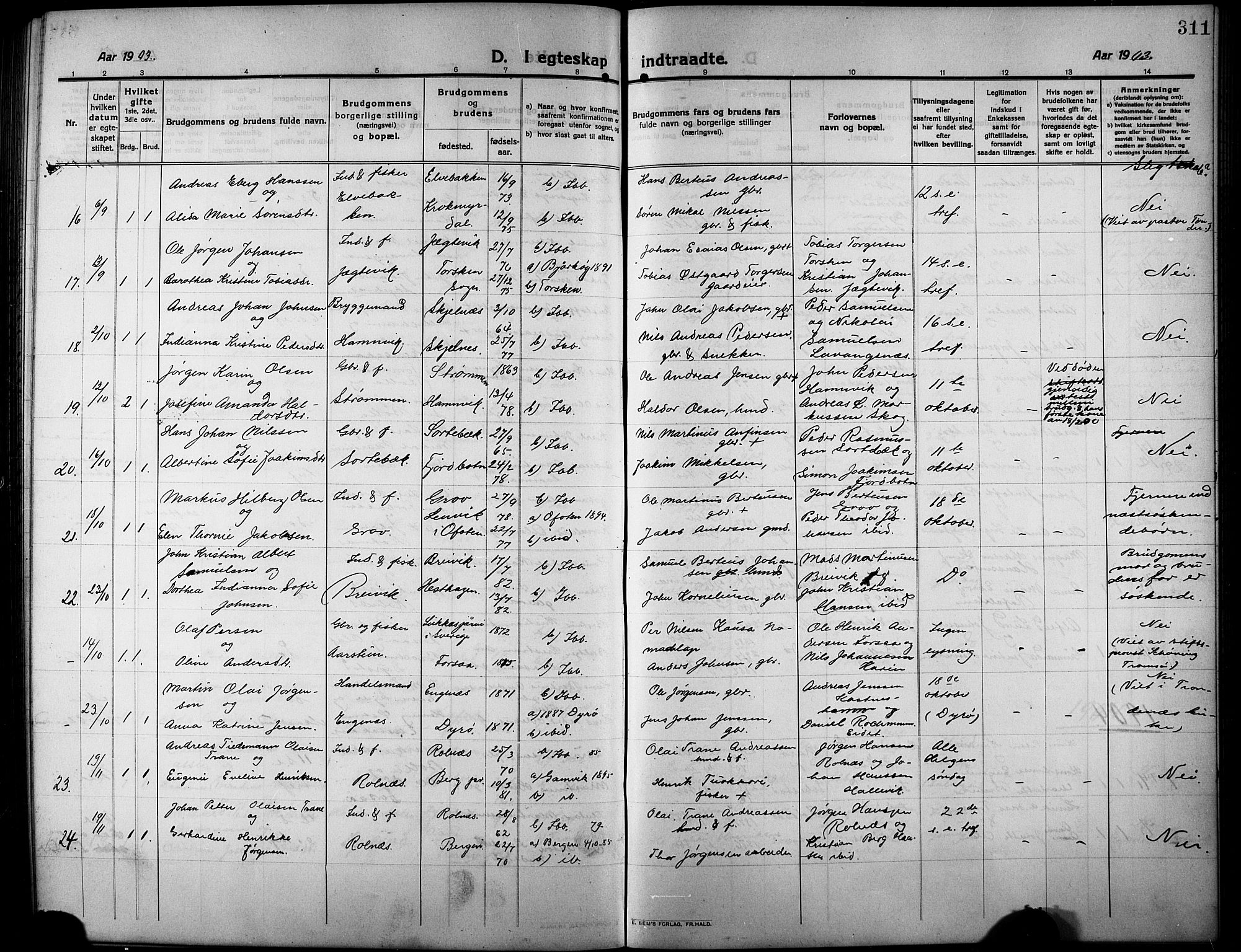 Ibestad sokneprestembete, AV/SATØ-S-0077/H/Ha/Hab/L0009klokker: Klokkerbok nr. 9, 1902-1914, s. 311