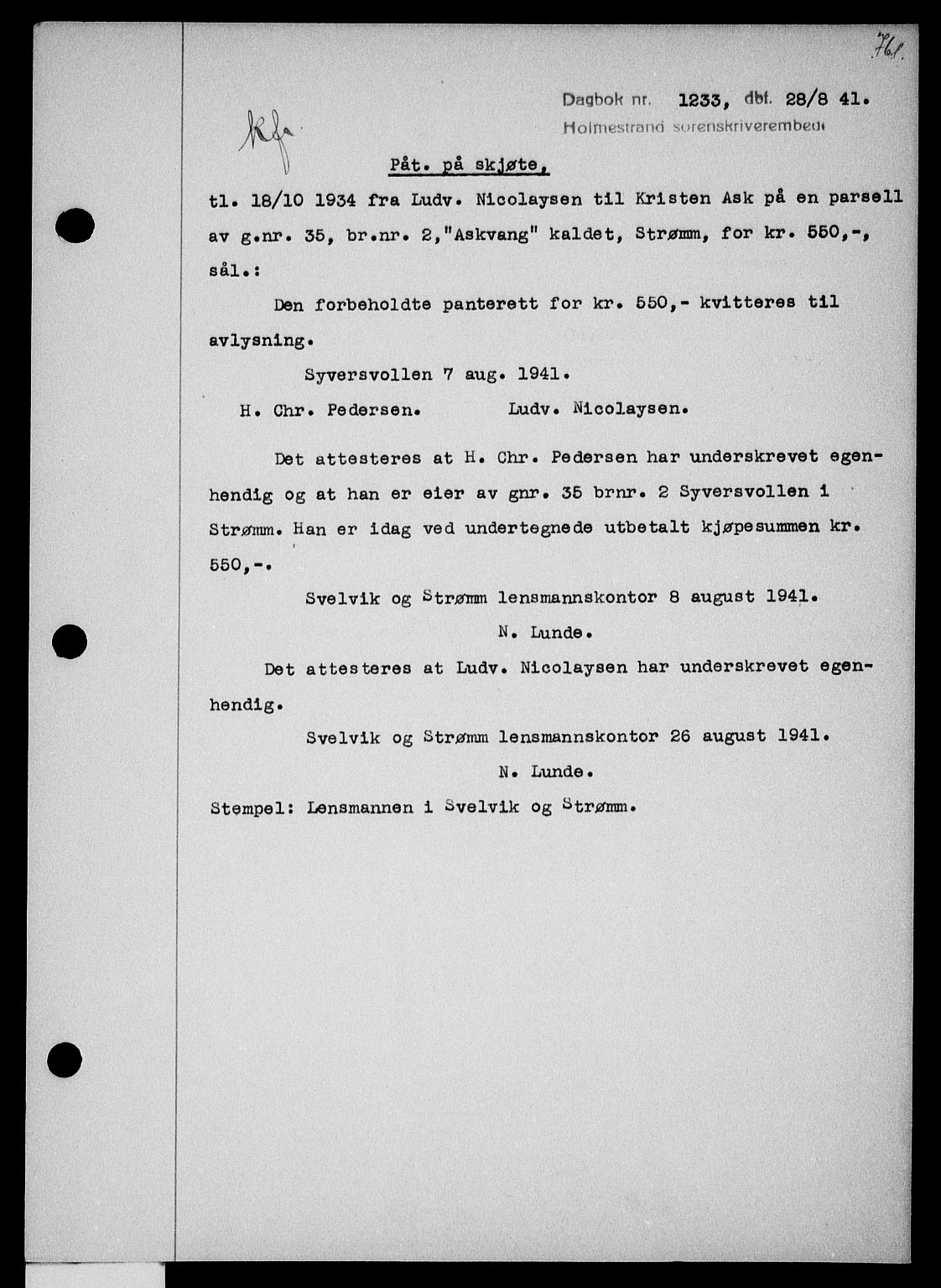 Holmestrand sorenskriveri, SAKO/A-67/G/Ga/Gaa/L0053: Pantebok nr. A-53, 1941-1941, Dagboknr: 1233/1941