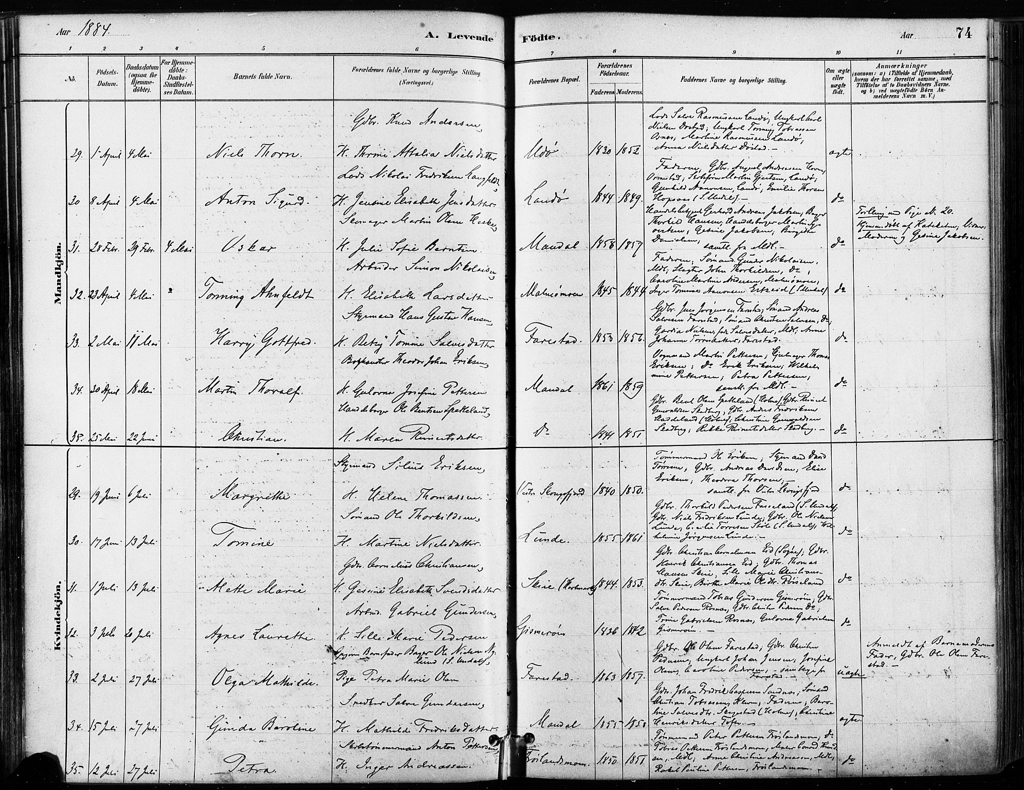 Mandal sokneprestkontor, AV/SAK-1111-0030/F/Fa/Faa/L0016: Ministerialbok nr. A 16, 1880-1890, s. 74