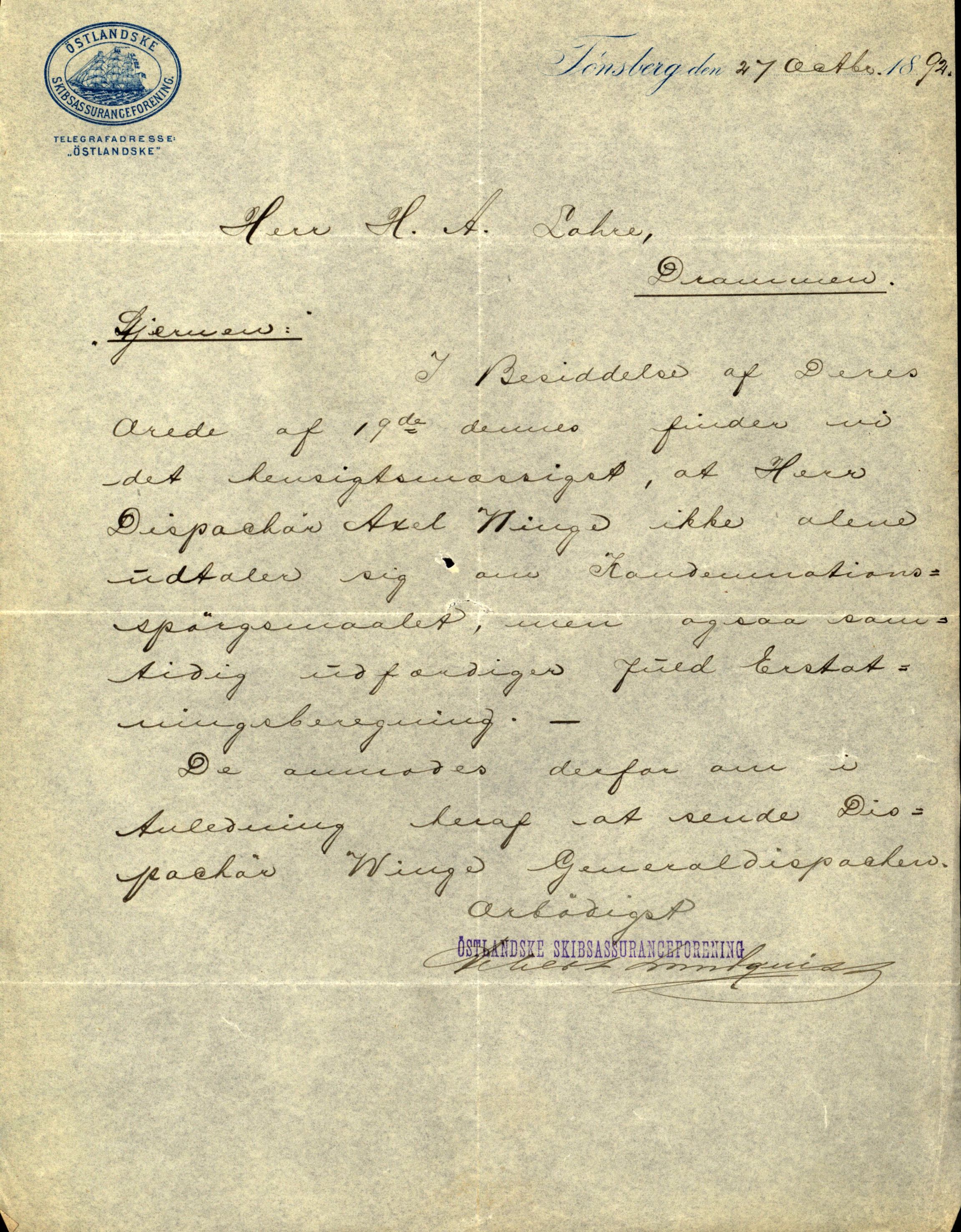 Pa 63 - Østlandske skibsassuranceforening, VEMU/A-1079/G/Ga/L0028/0005: Havaridokumenter / Tjømø, Magnolia, Caroline, Olaf, Stjernen, 1892, s. 201