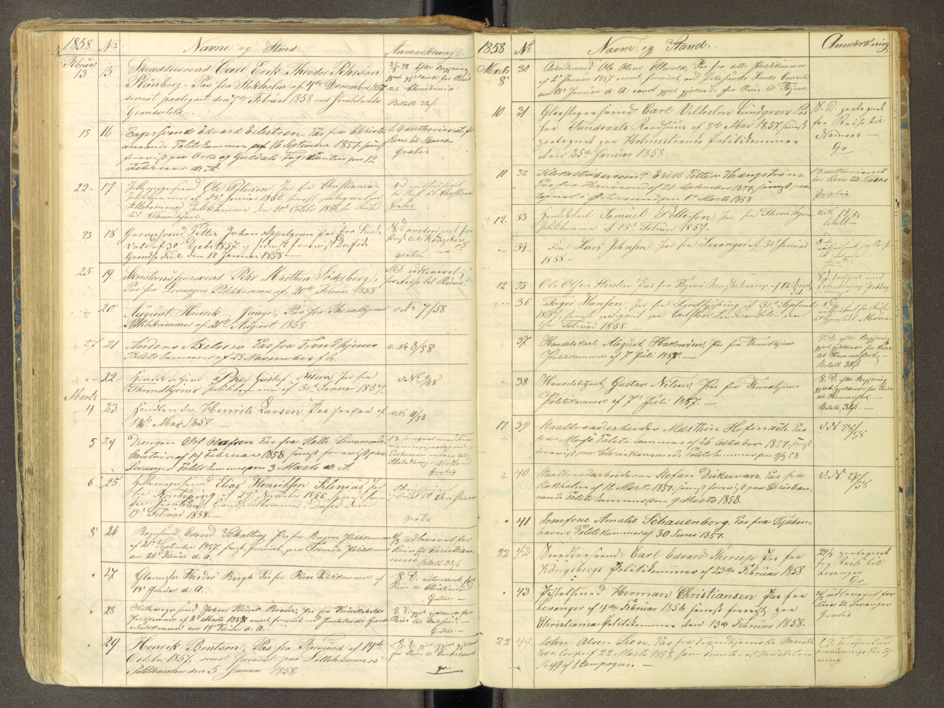 Trondheim politikammer, AV/SAT-A-1887/1/30/L0010: Passprotokoll. Utstedte pass 1850-1855. Innleverte pass 1850-1860, 1850-1860