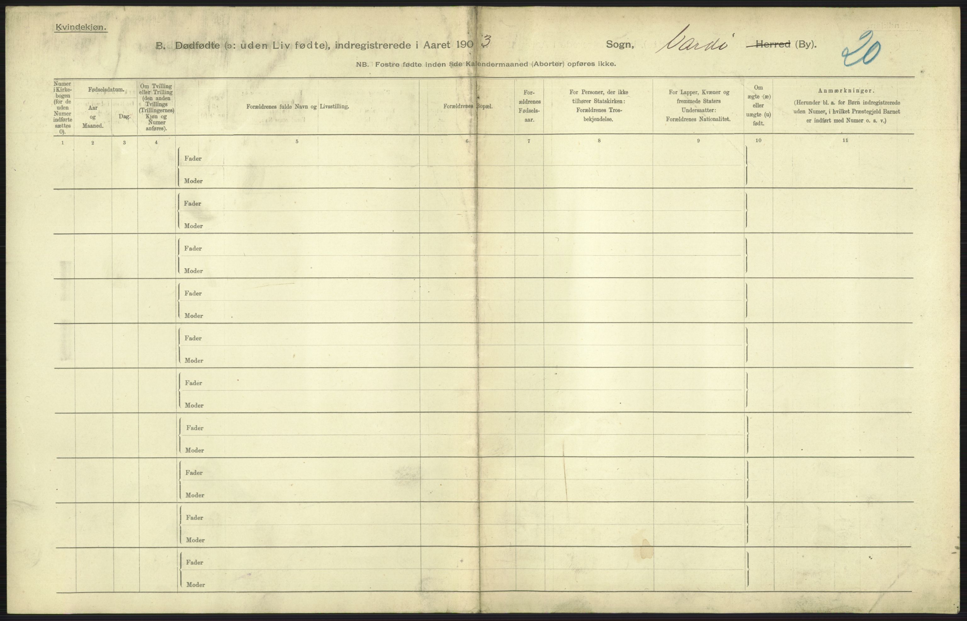 Statistisk sentralbyrå, Sosiodemografiske emner, Befolkning, RA/S-2228/D/Df/Dfa/Dfaa/L0026: Smålenenes - Finnmarkens amt: Dødfødte. Byer., 1903, s. 189