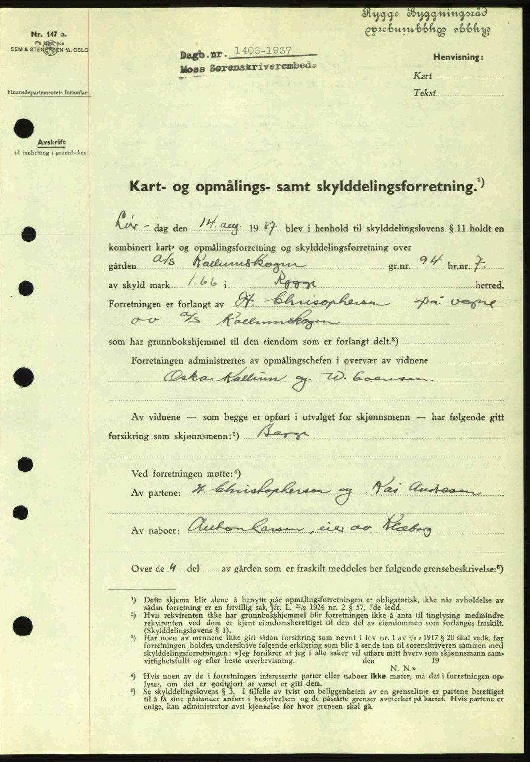 Moss sorenskriveri, SAO/A-10168: Pantebok nr. A3, 1937-1938, Dagboknr: 1403/1937