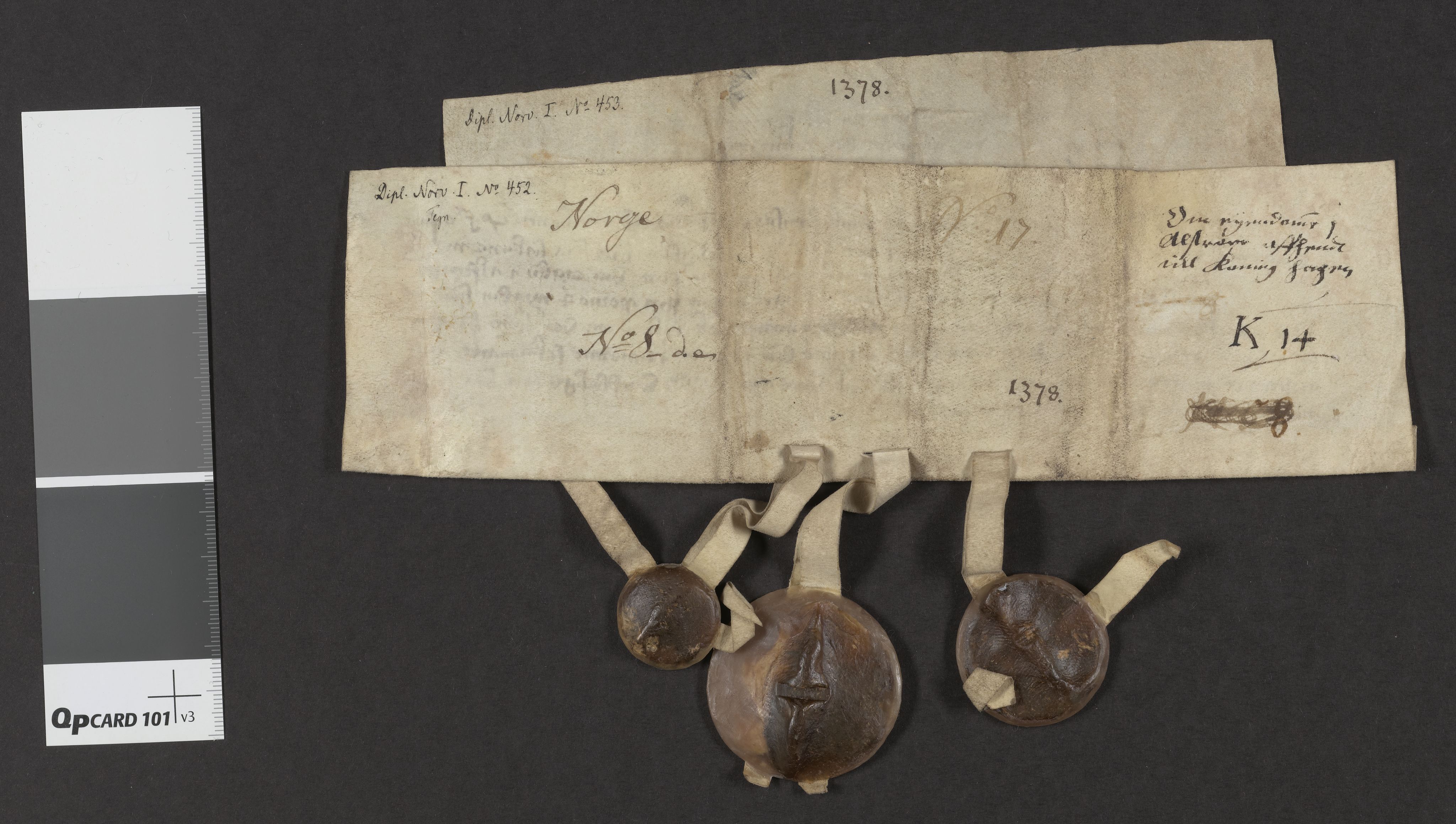 Riksarkivets diplomsamling, AV/RA-EA-5965/F06/L0006: Dokument nr. 8b-e, 1378