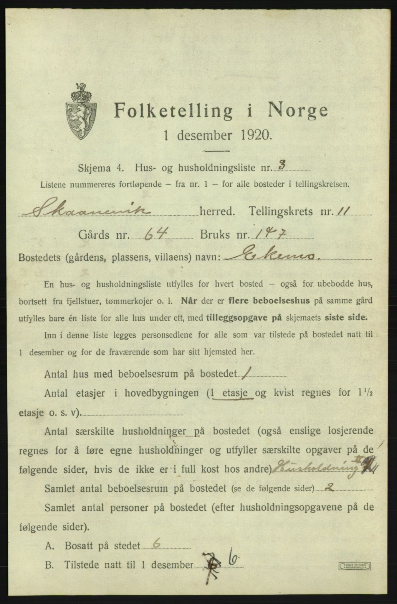 SAB, Folketelling 1920 for 1212 Skånevik herred, 1920, s. 1195