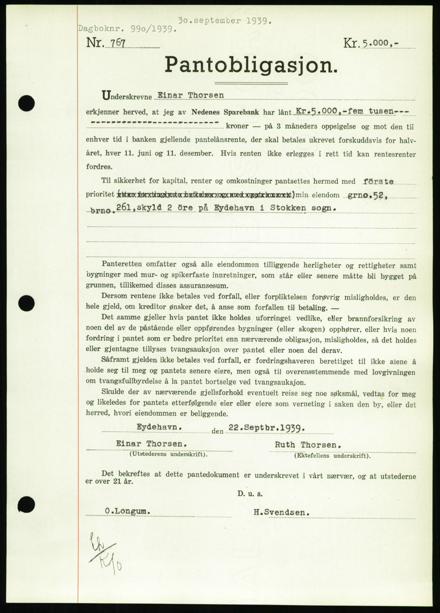 Nedenes sorenskriveri, SAK/1221-0006/G/Gb/Gbb/L0001: Pantebok nr. I, 1939-1942, Dagboknr: 990/1939