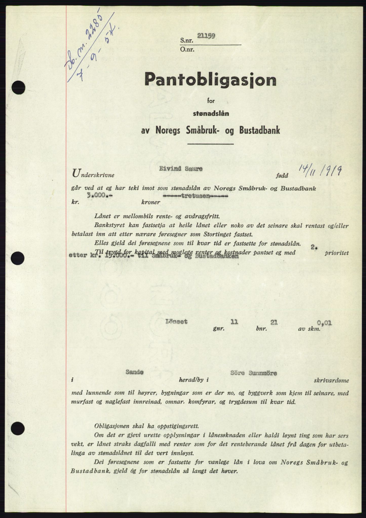 Søre Sunnmøre sorenskriveri, SAT/A-4122/1/2/2C/L0125: Pantebok nr. 13B, 1954-1954, Dagboknr: 2285/1954
