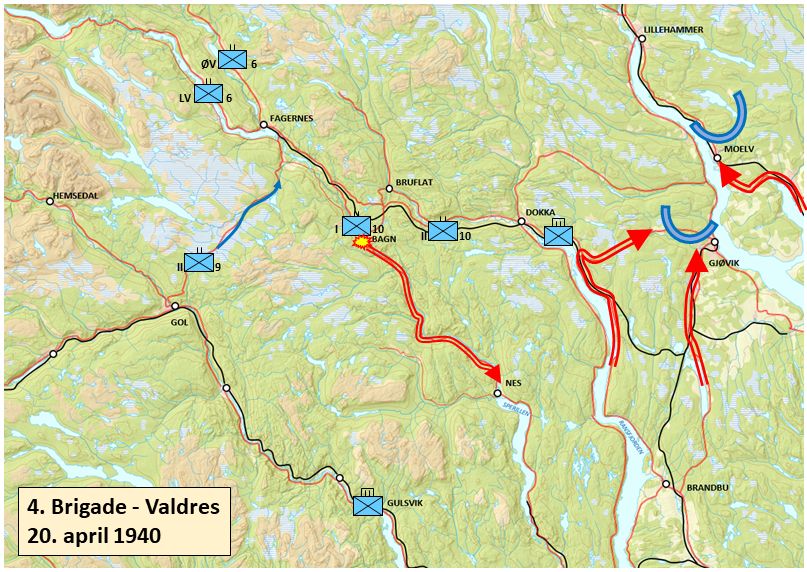 Forsvaret, Forsvarets krigshistoriske avdeling, RA/RAFA-2017/Y/Yb/L0000: Oversikt over 4. brigades organisering i april 1940. Situasjonskart for perioden 20.-30. april 1940. Ved Oblt. / Cand. Phil. Knut Werner-Hagen, april 2020., 1940, s. 2