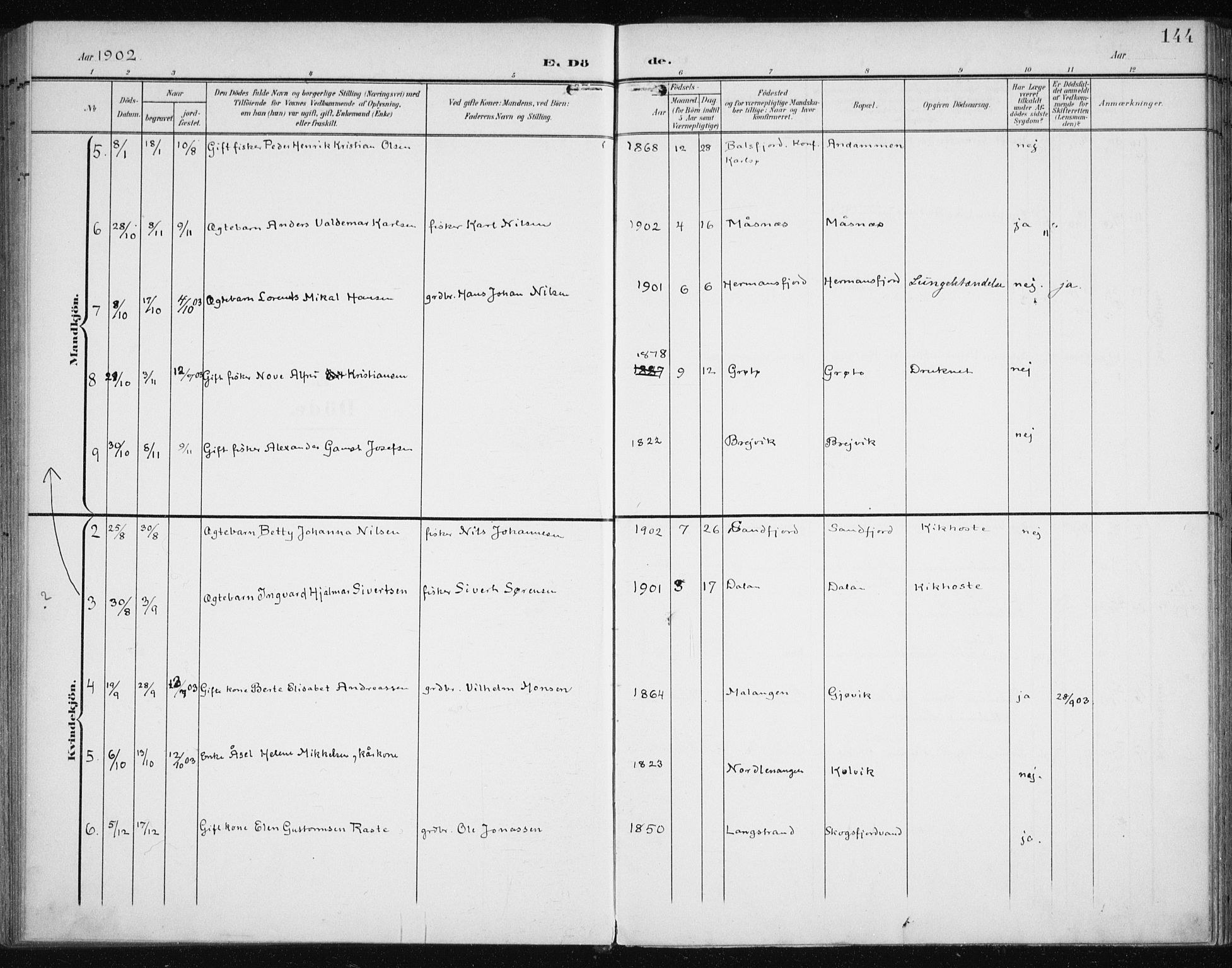 Karlsøy sokneprestembete, AV/SATØ-S-1299/H/Ha/Haa/L0013kirke: Ministerialbok nr. 13, 1902-1916, s. 144