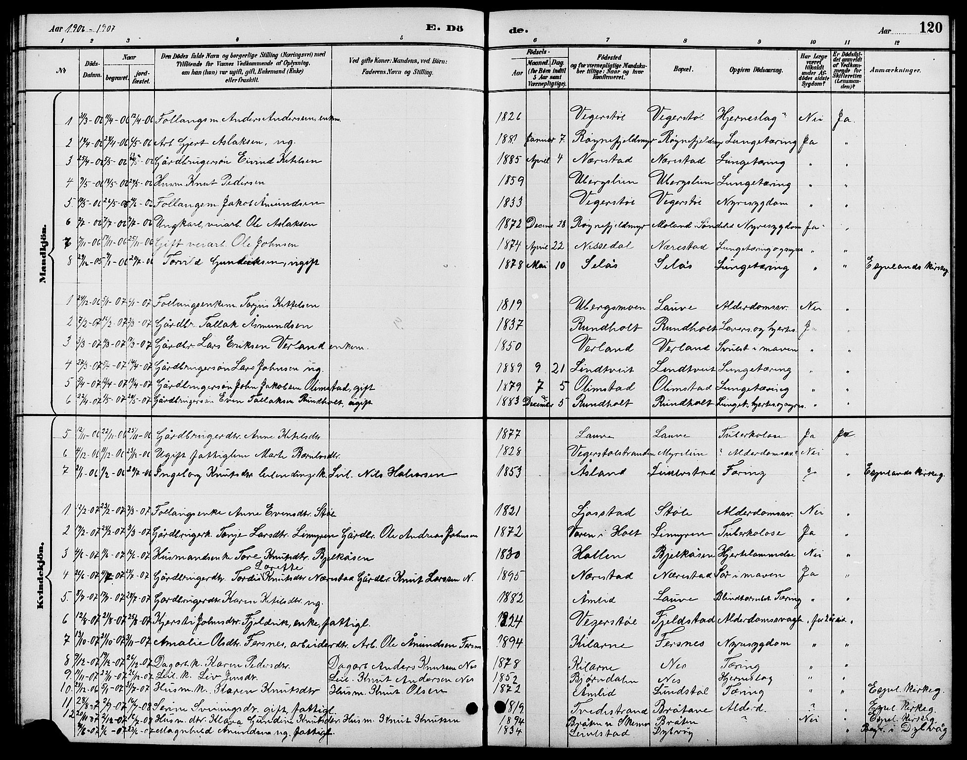 Gjerstad sokneprestkontor, SAK/1111-0014/F/Fb/Fbb/L0004: Klokkerbok nr. B 4, 1890-1910, s. 120