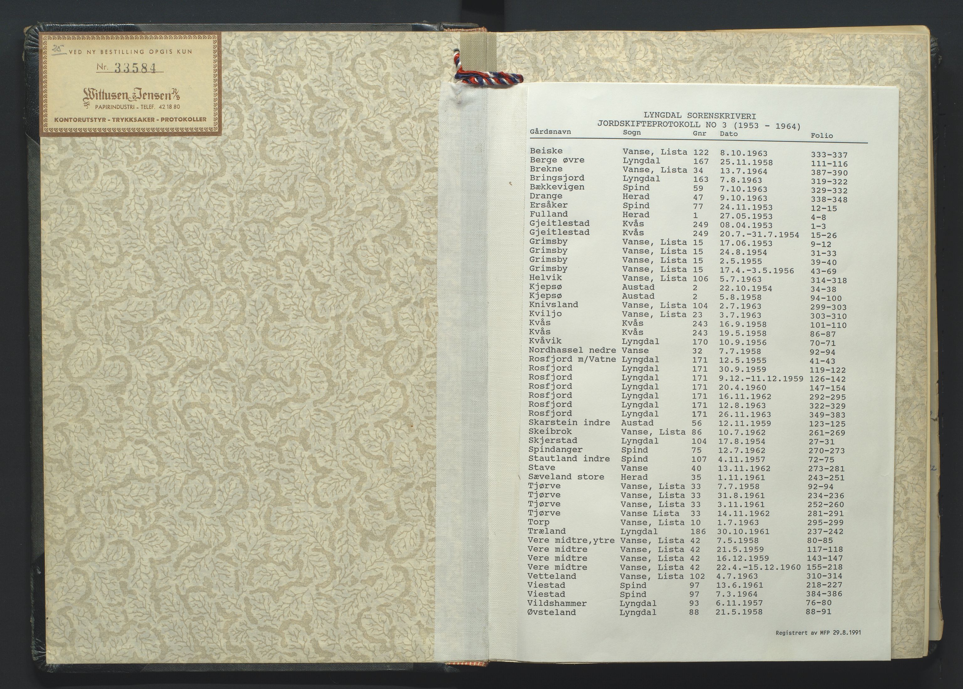 Lista jordskifterett, SAK/1541-0005/F/Fa/L0001: Jordskifterettsbok Lyngdal sorenskriveri, med gårdsregister nr 3, 1953-1964