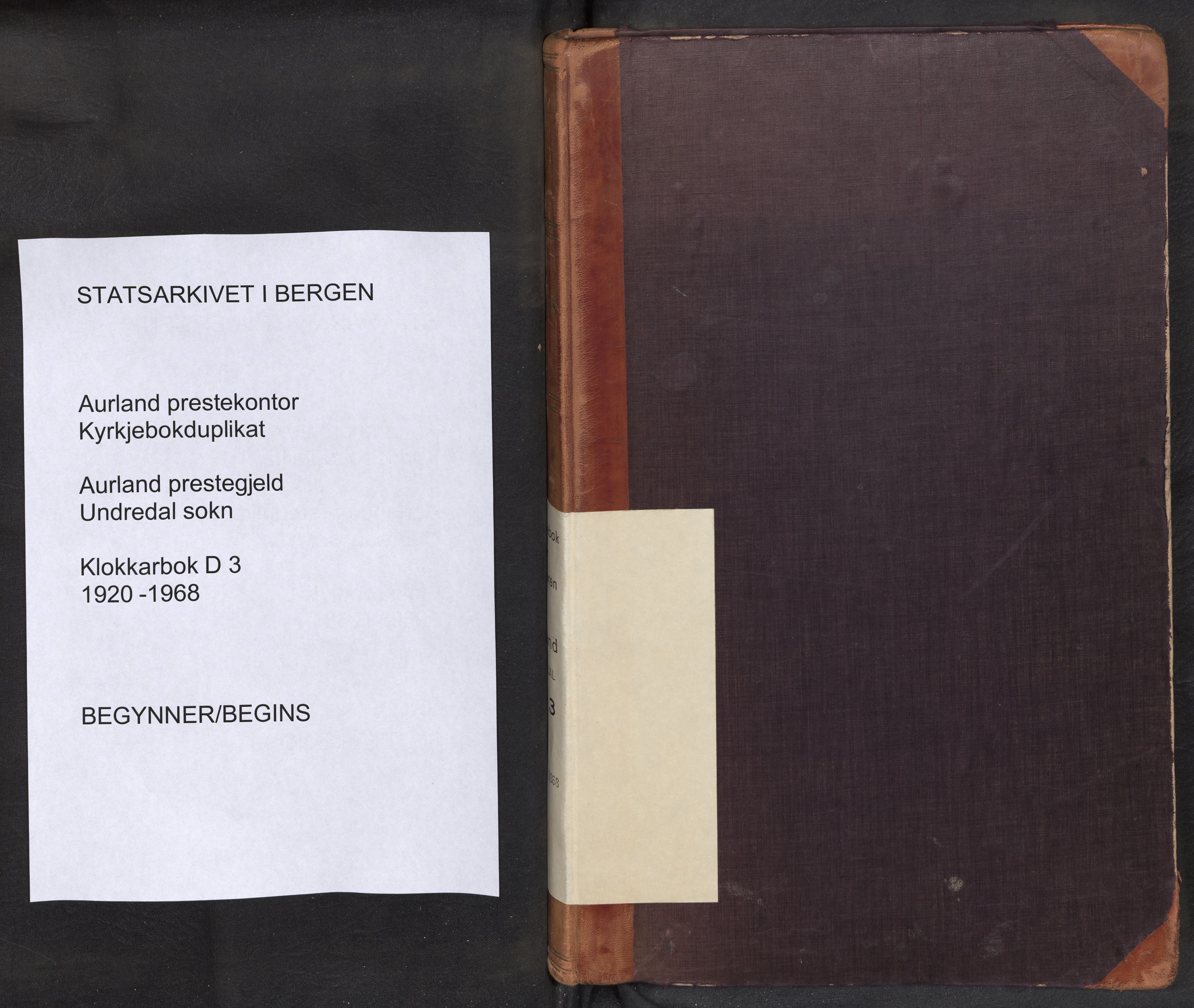 Aurland sokneprestembete, SAB/A-99937/H/Hb/Hbd/L0003: Klokkerbok nr. D 3, 1920-1968