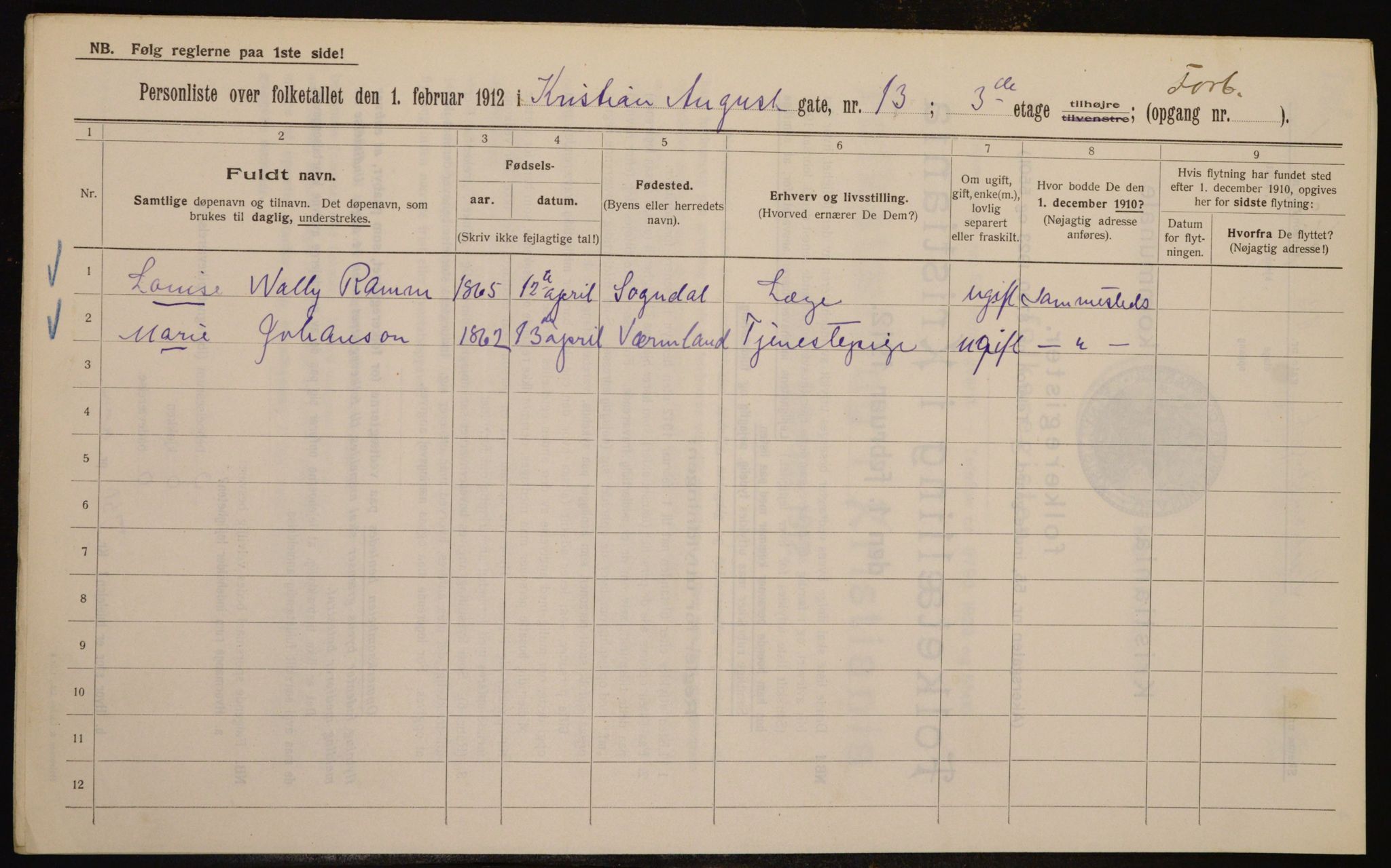 OBA, Kommunal folketelling 1.2.1912 for Kristiania, 1912, s. 54306