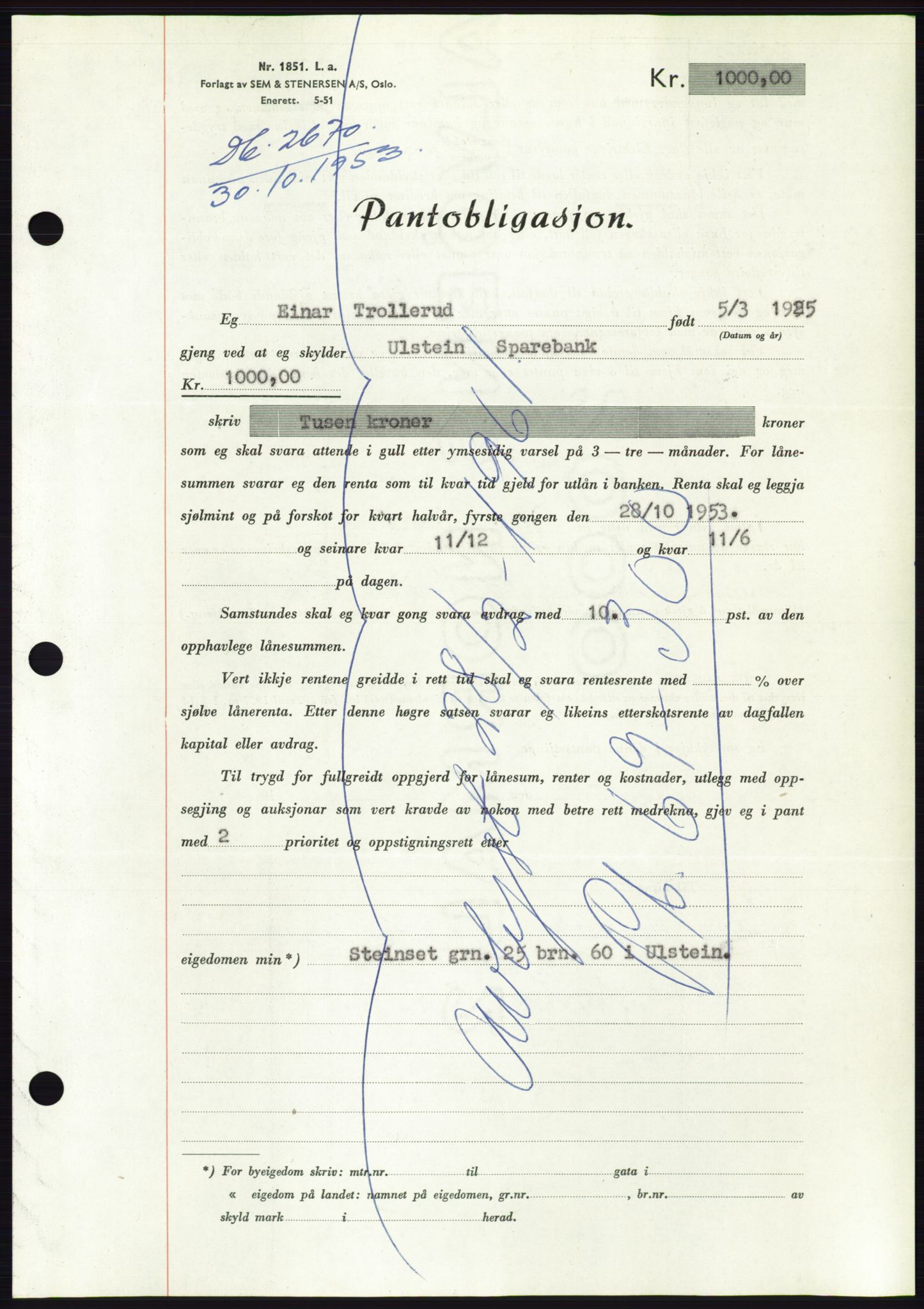 Søre Sunnmøre sorenskriveri, AV/SAT-A-4122/1/2/2C/L0124: Pantebok nr. 12B, 1953-1954, Dagboknr: 2670/1953