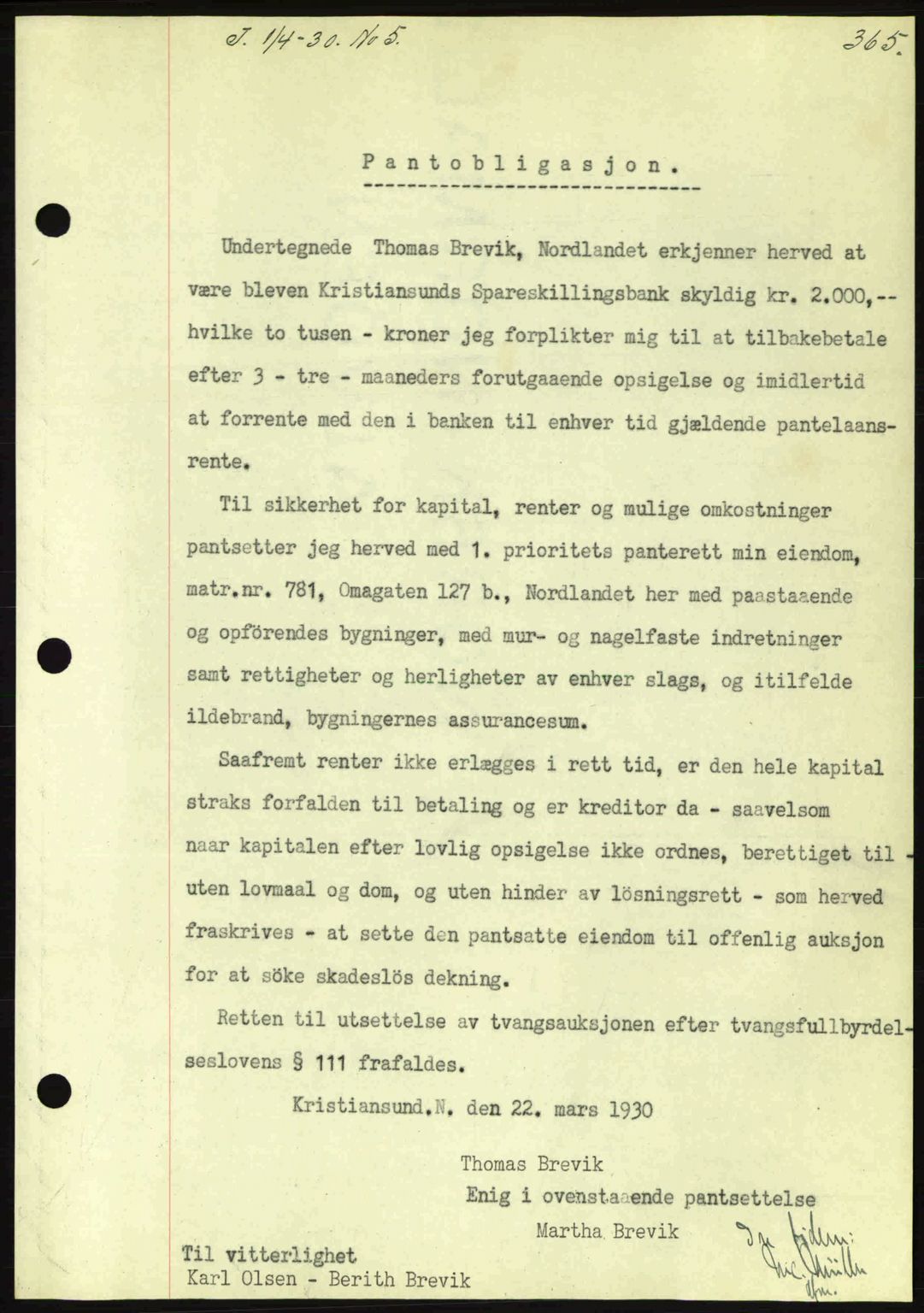 Kristiansund byfogd, AV/SAT-A-4587/A/27: Pantebok nr. 23, 1929-1930, Tingl.dato: 01.04.1930