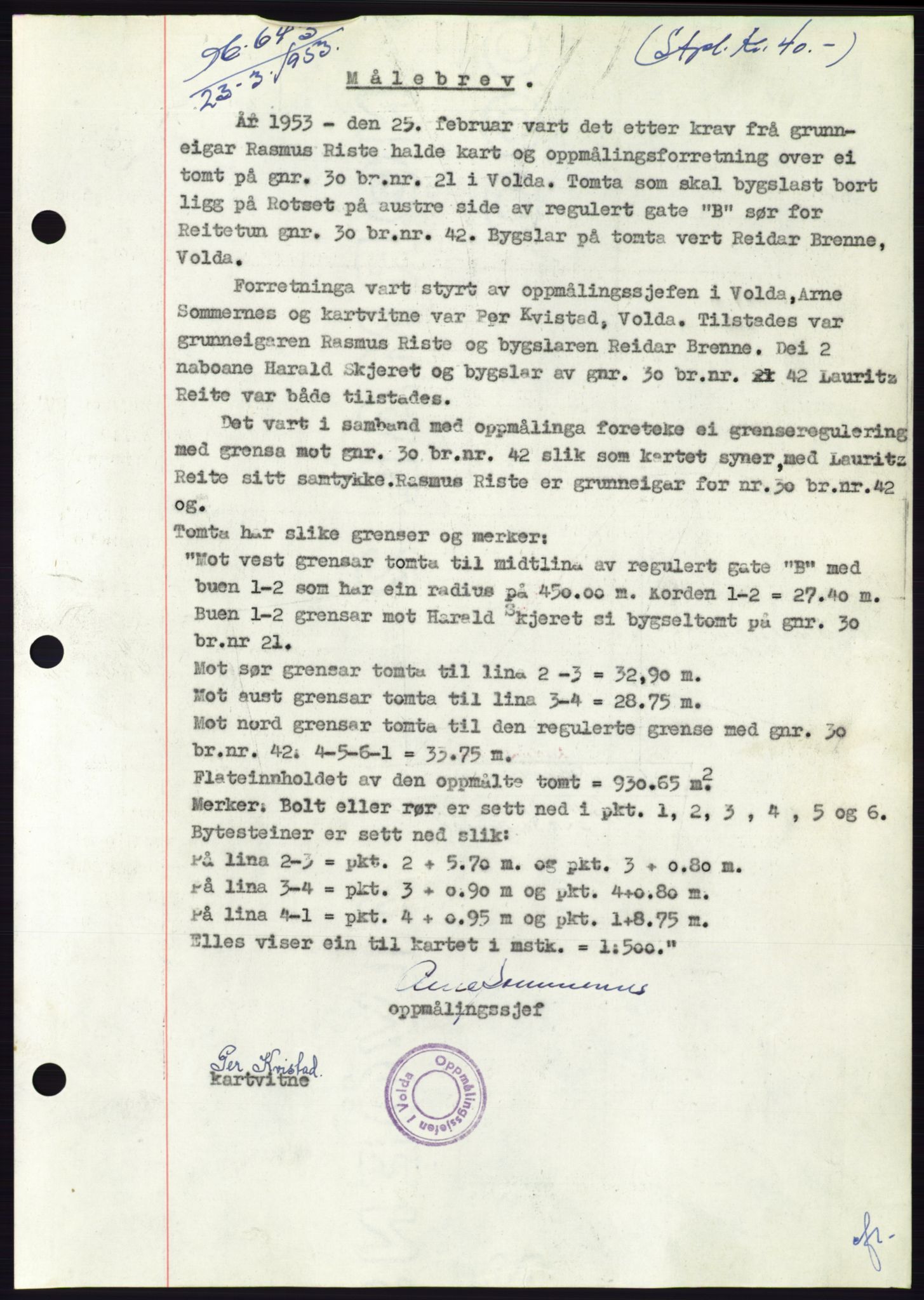 Søre Sunnmøre sorenskriveri, SAT/A-4122/1/2/2C/L0094: Pantebok nr. 20A, 1953-1953, Dagboknr: 643/1953