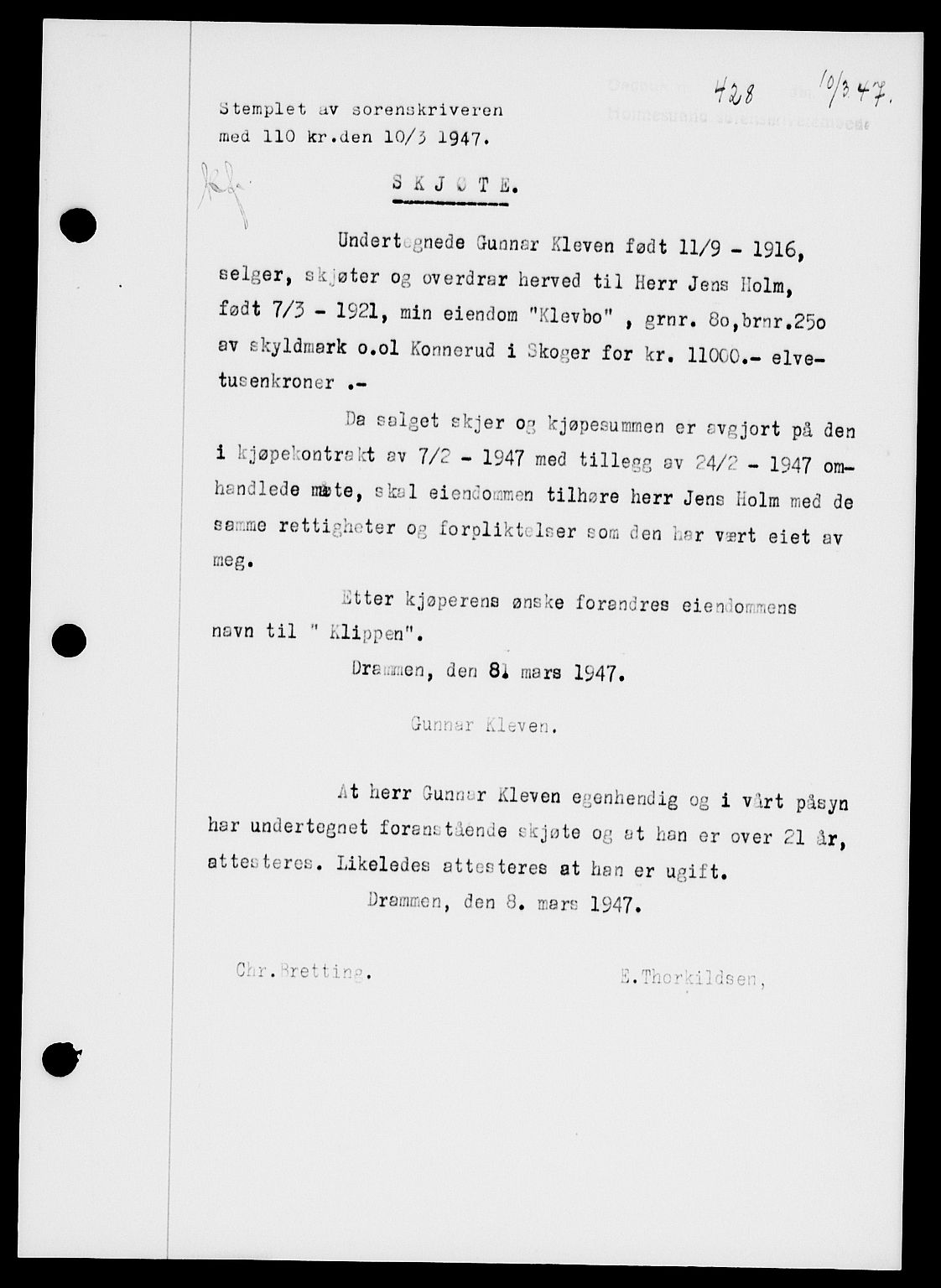 Holmestrand sorenskriveri, SAKO/A-67/G/Ga/Gaa/L0061: Pantebok nr. A-61, 1946-1947, Dagboknr: 428/1947