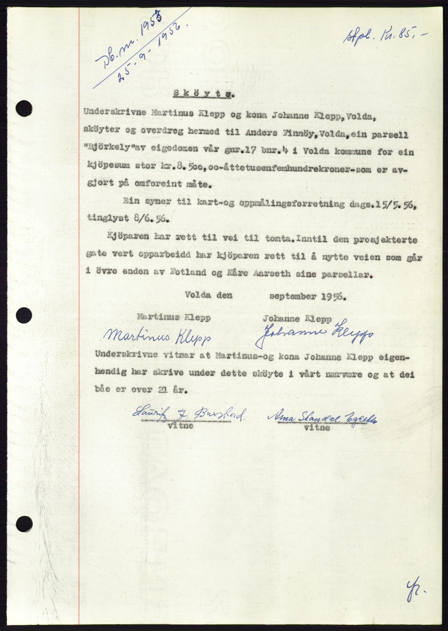 Søre Sunnmøre sorenskriveri, AV/SAT-A-4122/1/2/2C/L0104: Pantebok nr. 30A, 1956-1956, Dagboknr: 1953/1956