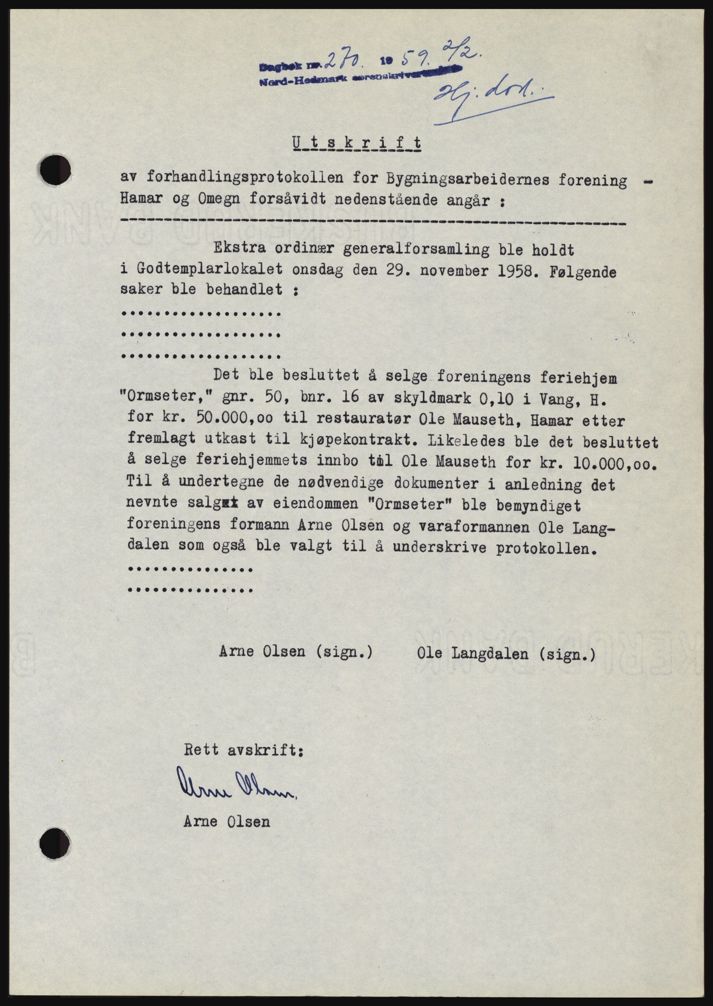 Nord-Hedmark sorenskriveri, SAH/TING-012/H/Hc/L0013: Pantebok nr. 13, 1959-1960, Dagboknr: 270/1959