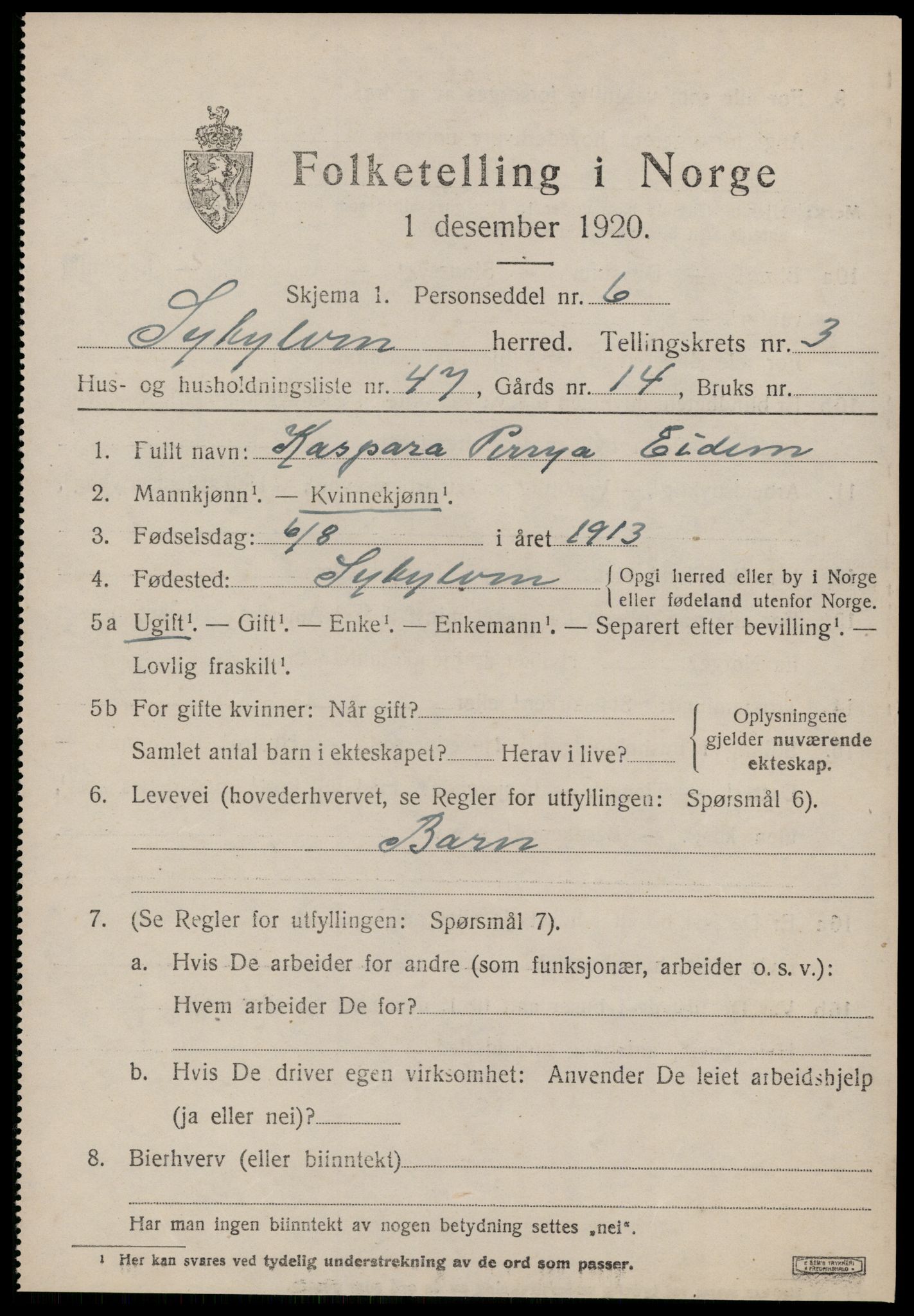 SAT, Folketelling 1920 for 1528 Sykkylven herred, 1920, s. 2707